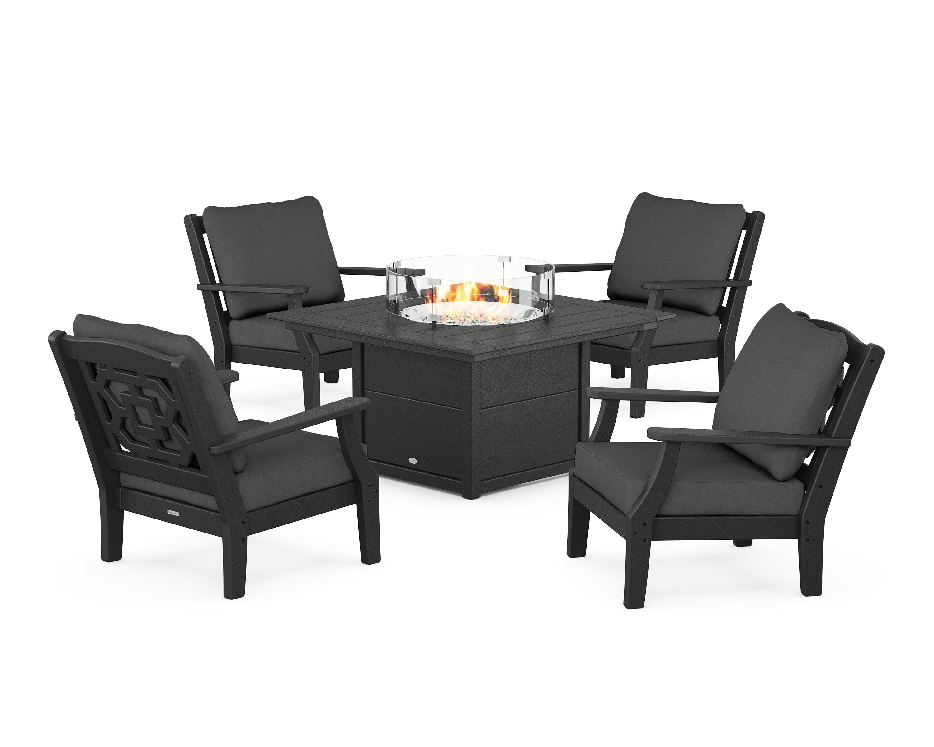 Chinoiserie 5-Piece Deep Seating Set with Fire Pit Table in Black / Spectrum Carbon