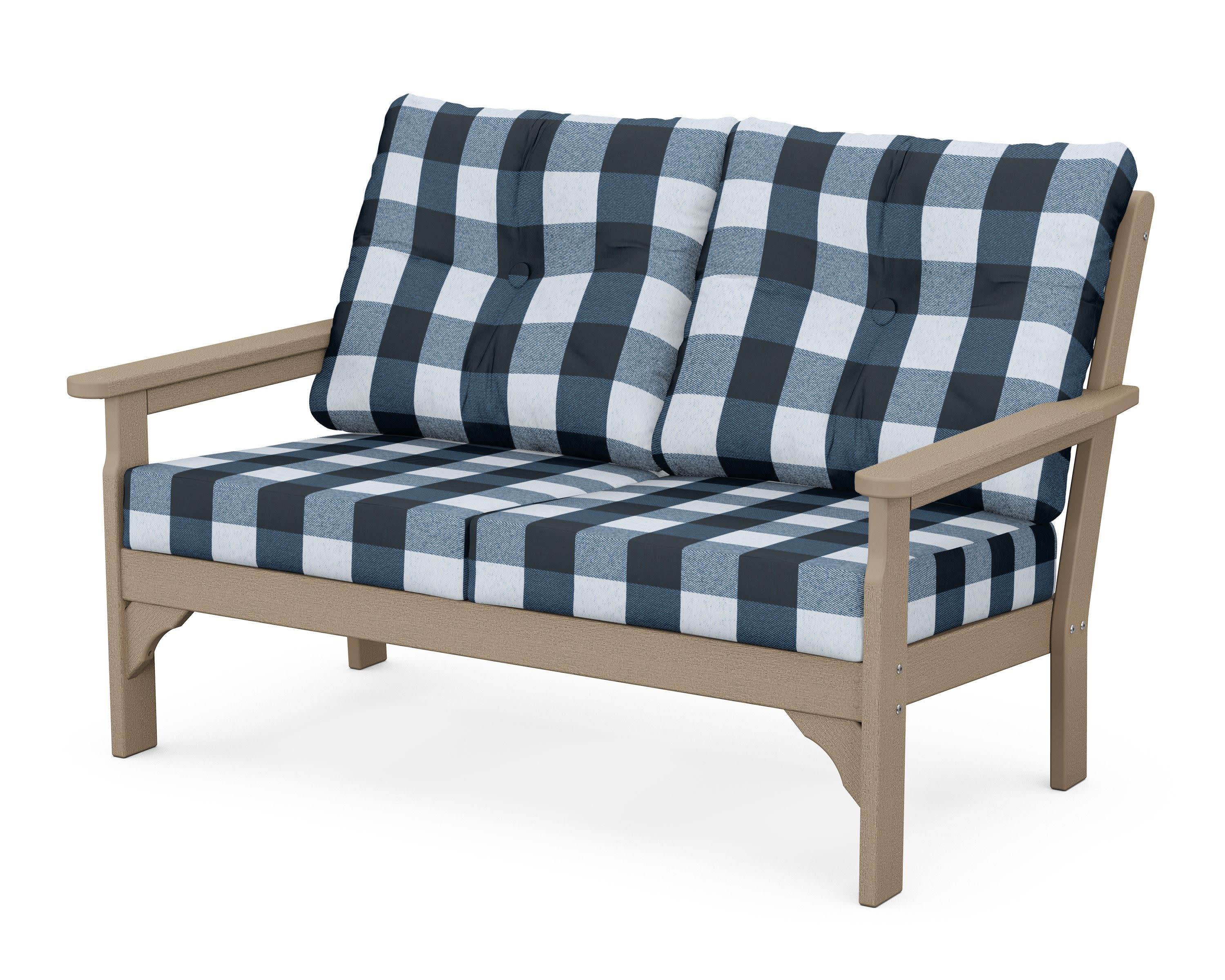 Vineyard Deep Seating Loveseat in Vintage Sahara / Buffalo Plaid Marine Indigo