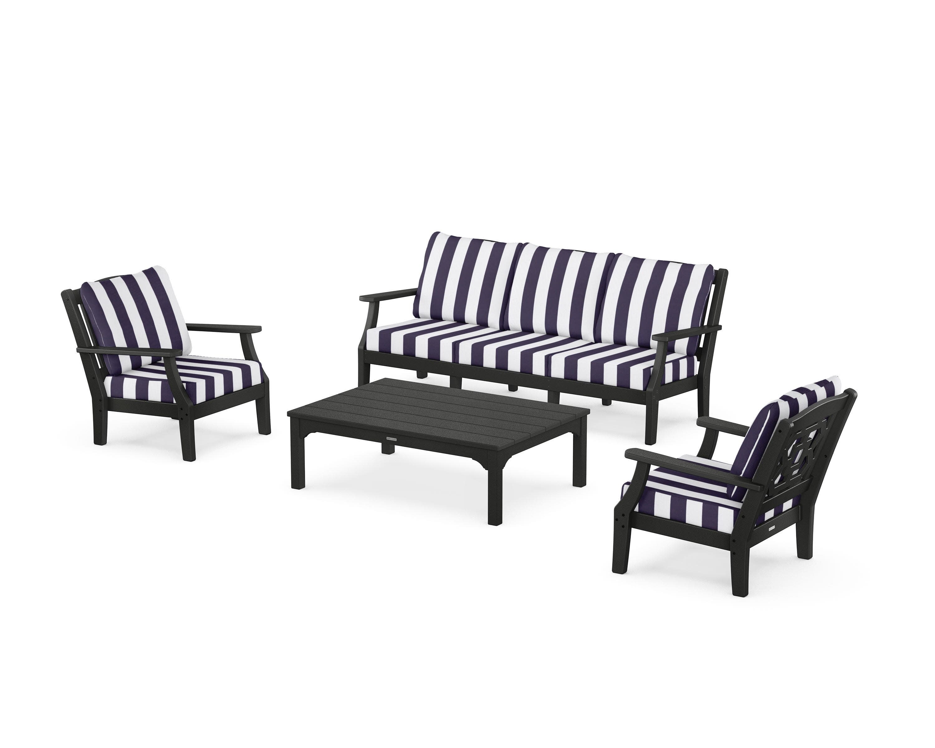 Chinoiserie 4-Piece Deep Seating Set with Sofa in Black / Cabana Stripe Navy