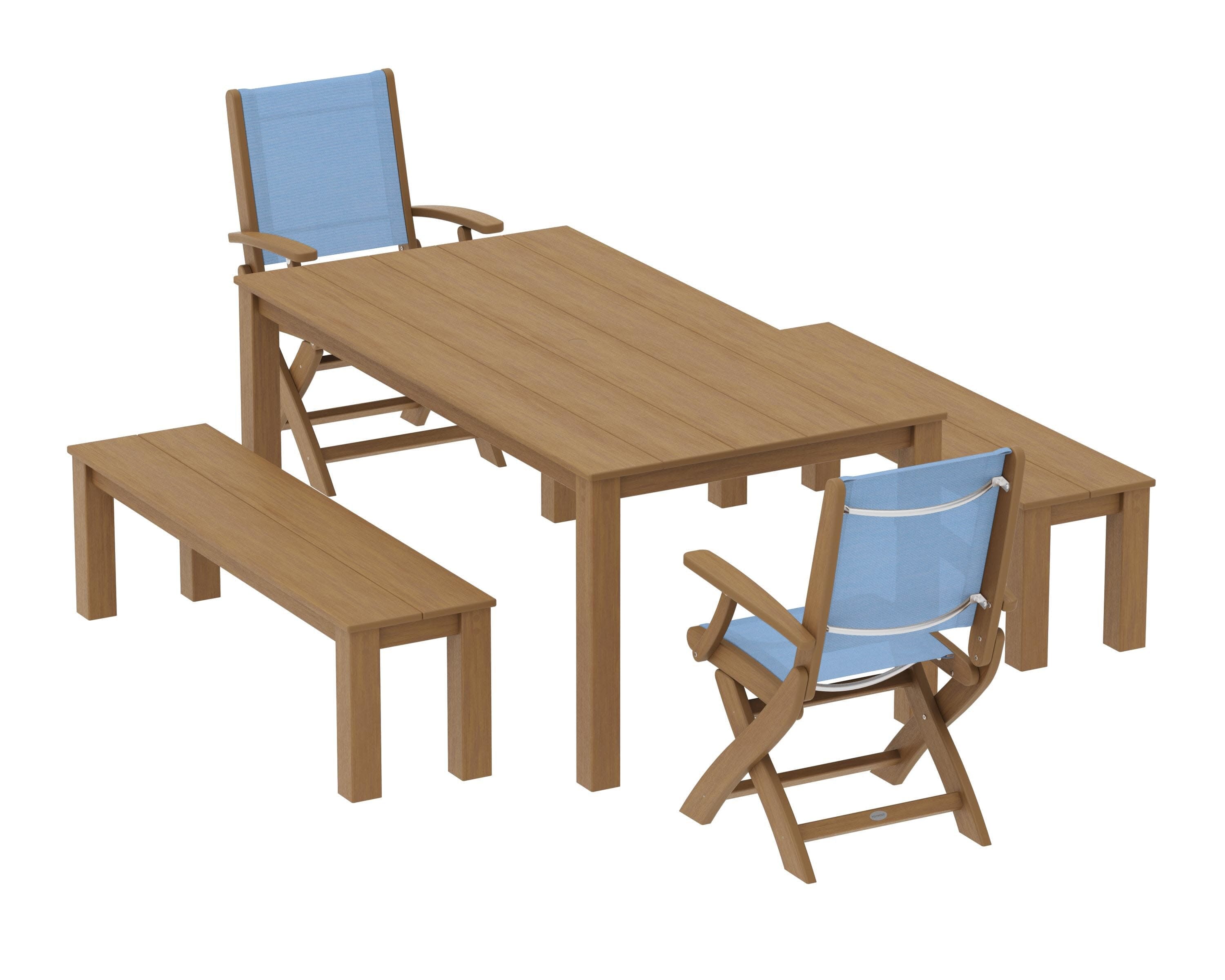 Coastal Folding Chair 5-Piece Parsons Dining Set with Benches in Natural / Poolside Sling