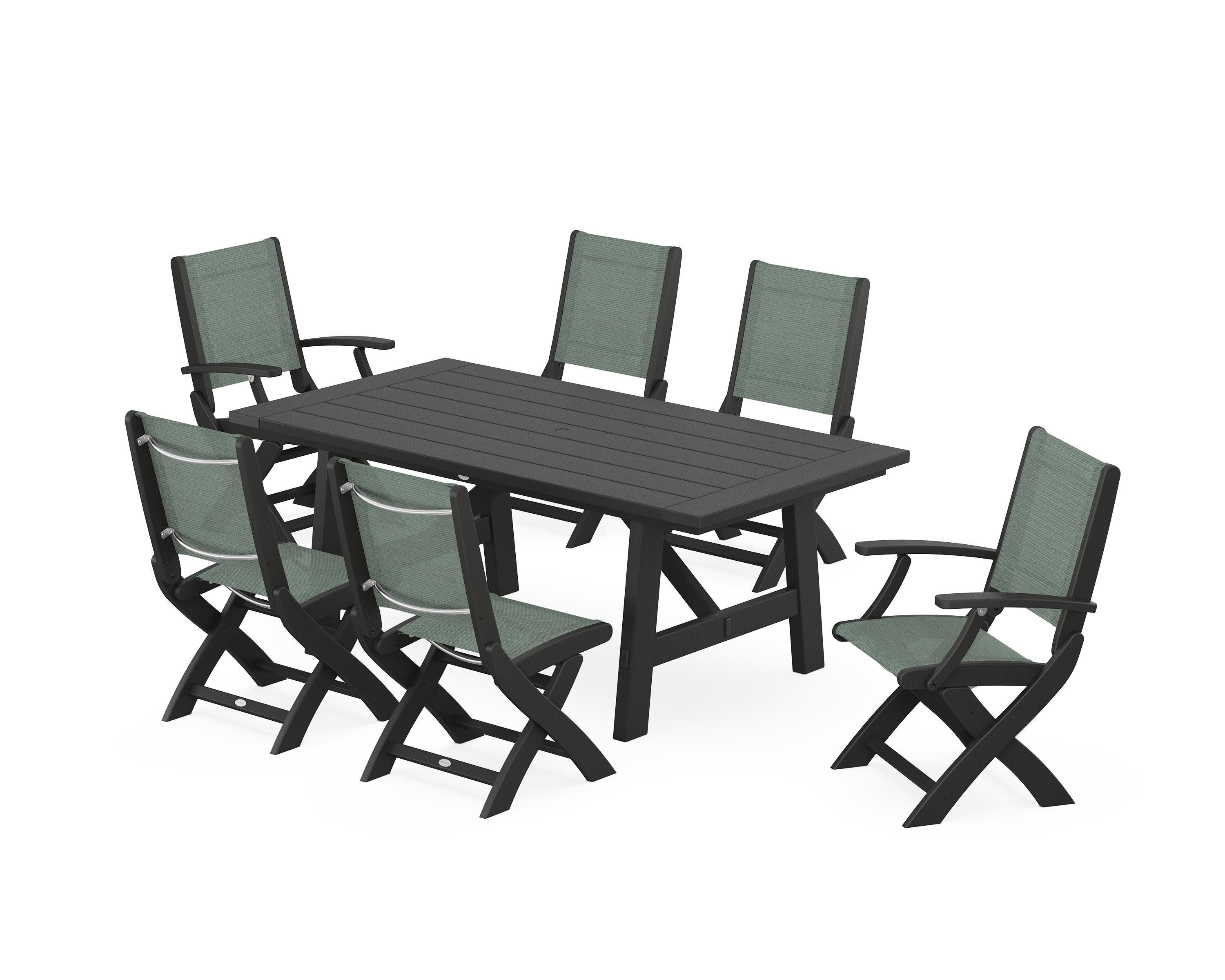Coastal Folding Chair 7-Piece Rustic Farmhouse Dining Set in Black / Dupioni Sea Mist Sling