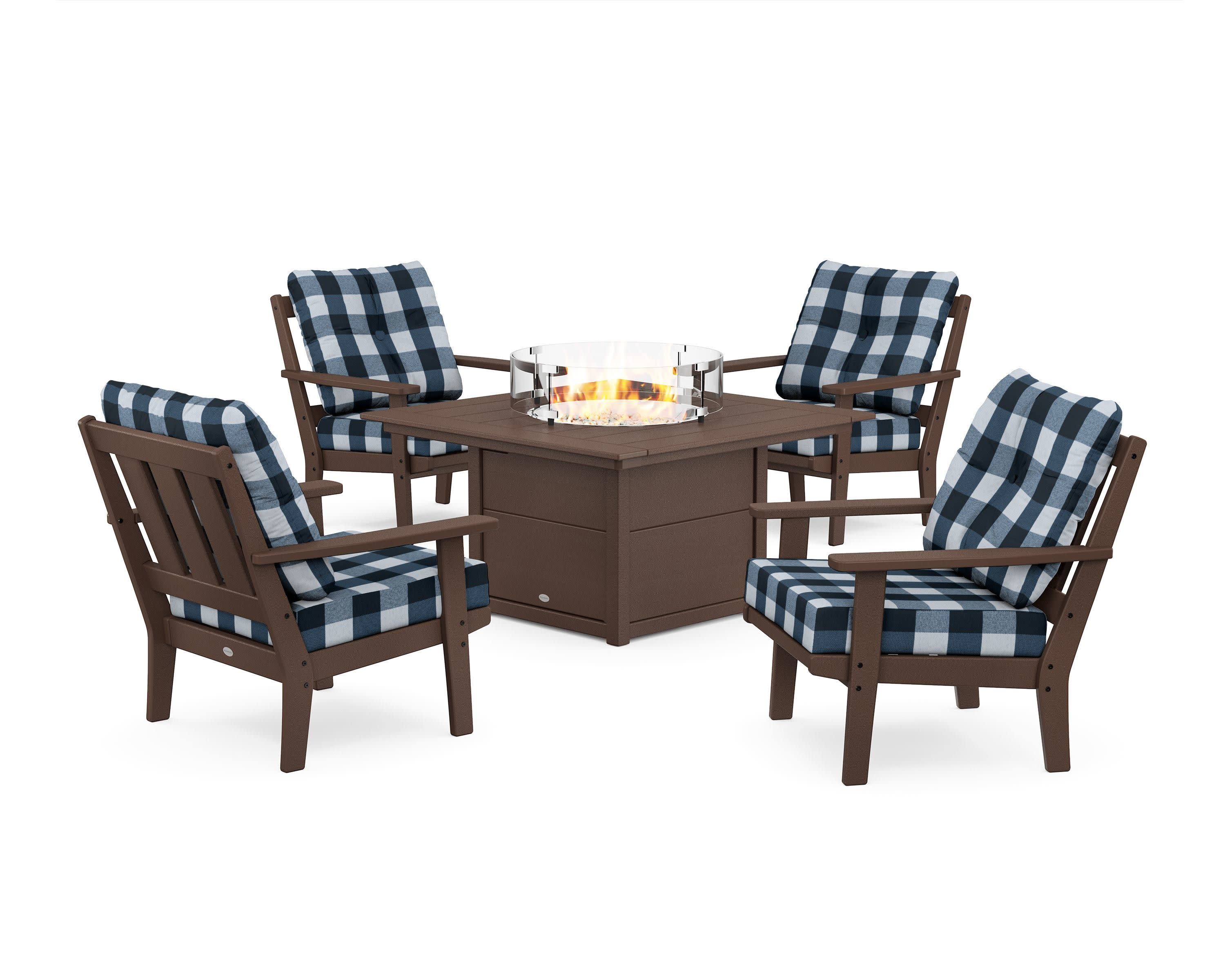Oxford 5-Piece Deep Seating Set with Fire Pit Table in Mahogany / Buffalo Plaid Marine Indigo