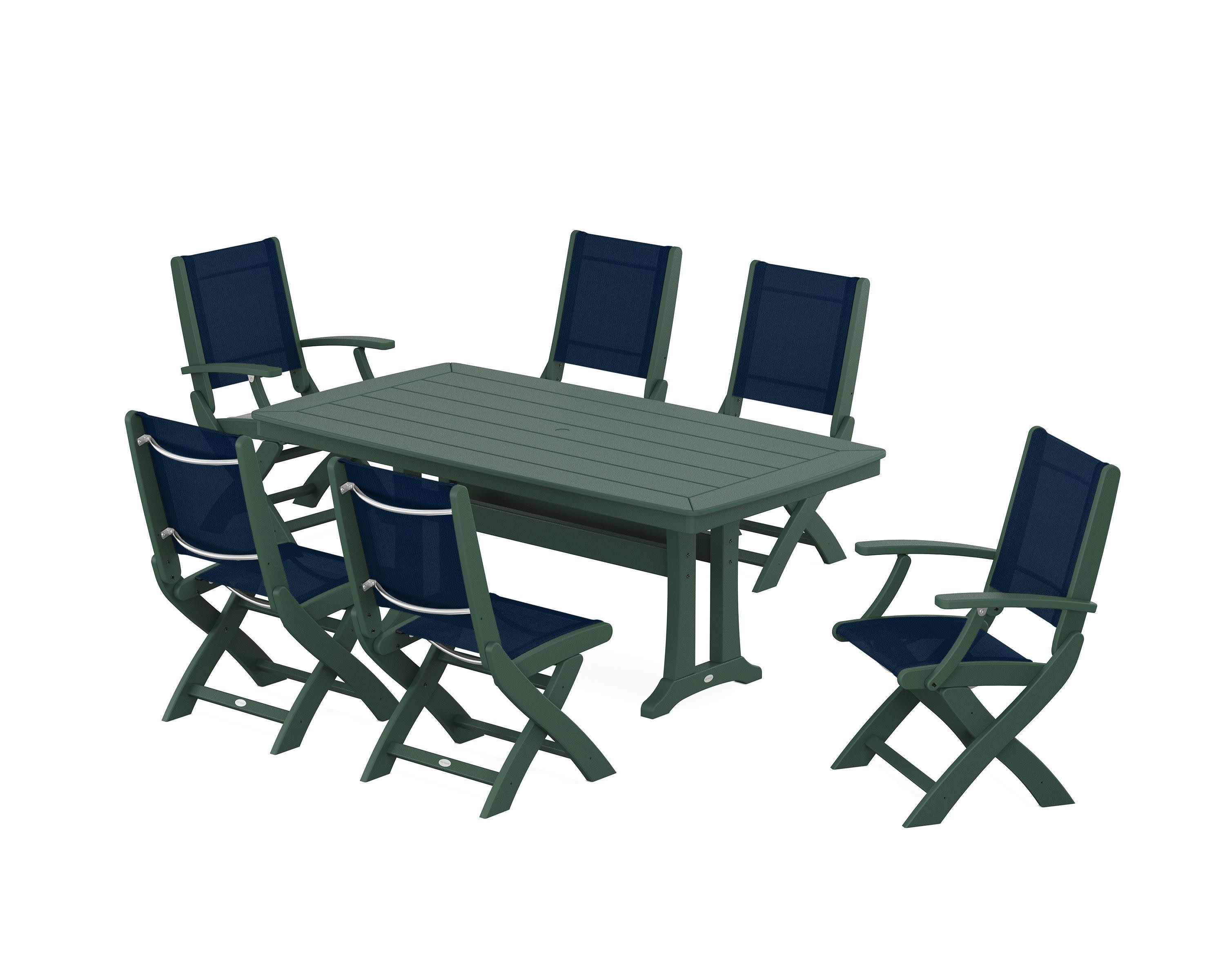 Coastal Folding Chair 7-Piece Dining Set with Trestle Legs in Green / Navy Blue Sling