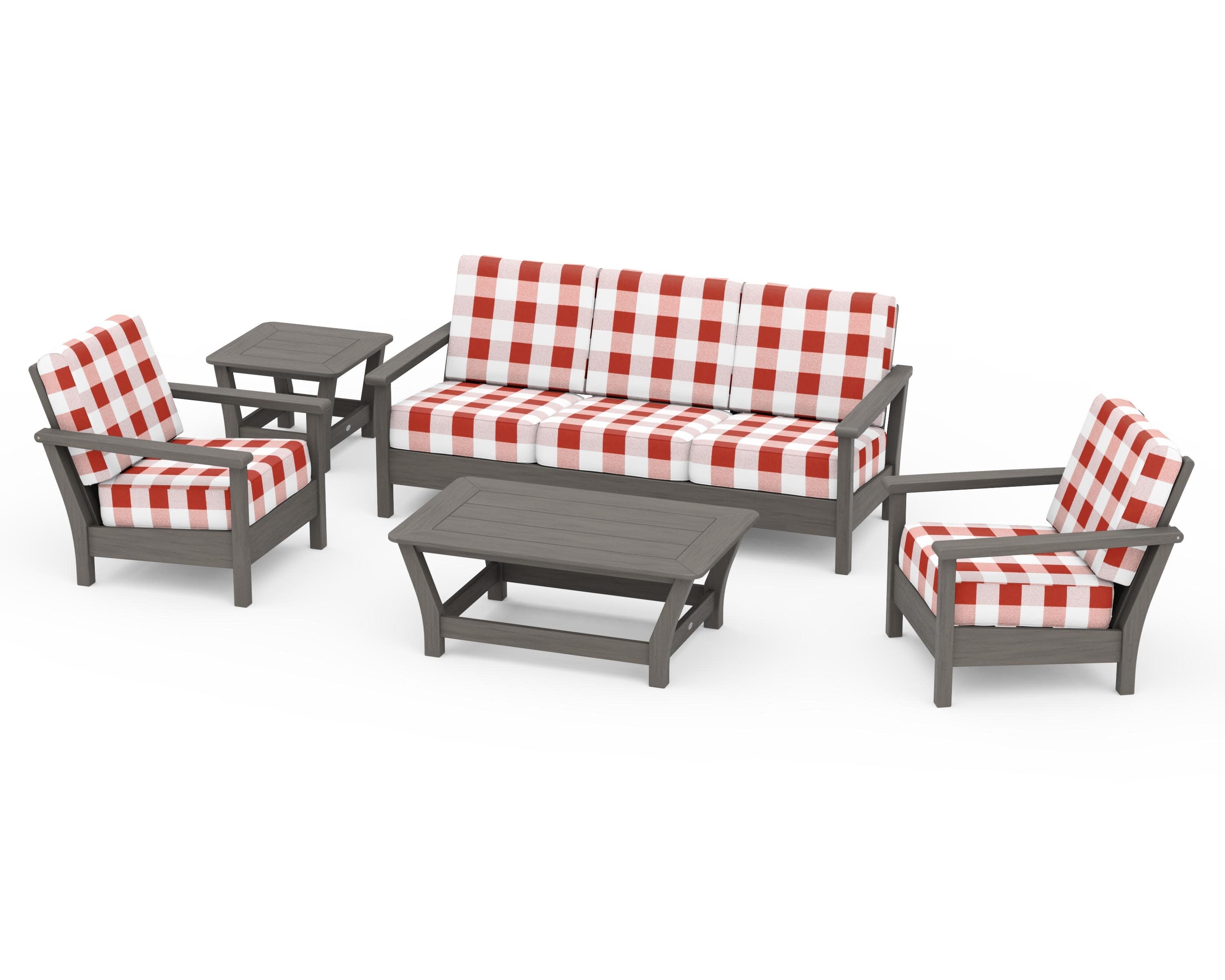 Harbour 5-Piece Deep Seating Set in Driftwood / Buffalo Plaid Crimson