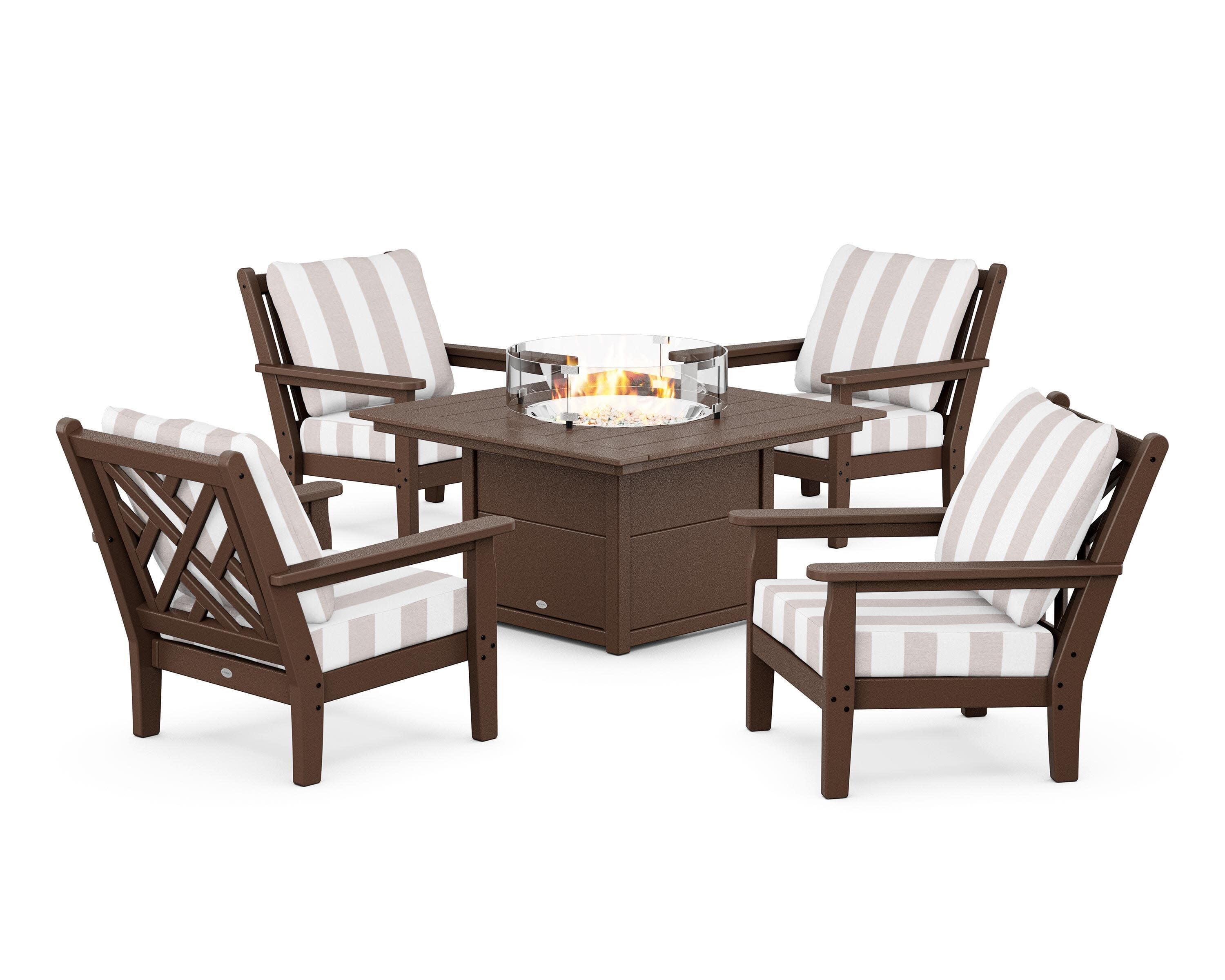 Chippendale 5-Piece Deep Seating Set with Fire Pit Table in Mahogany / Cabana Stripe Dune Burlap