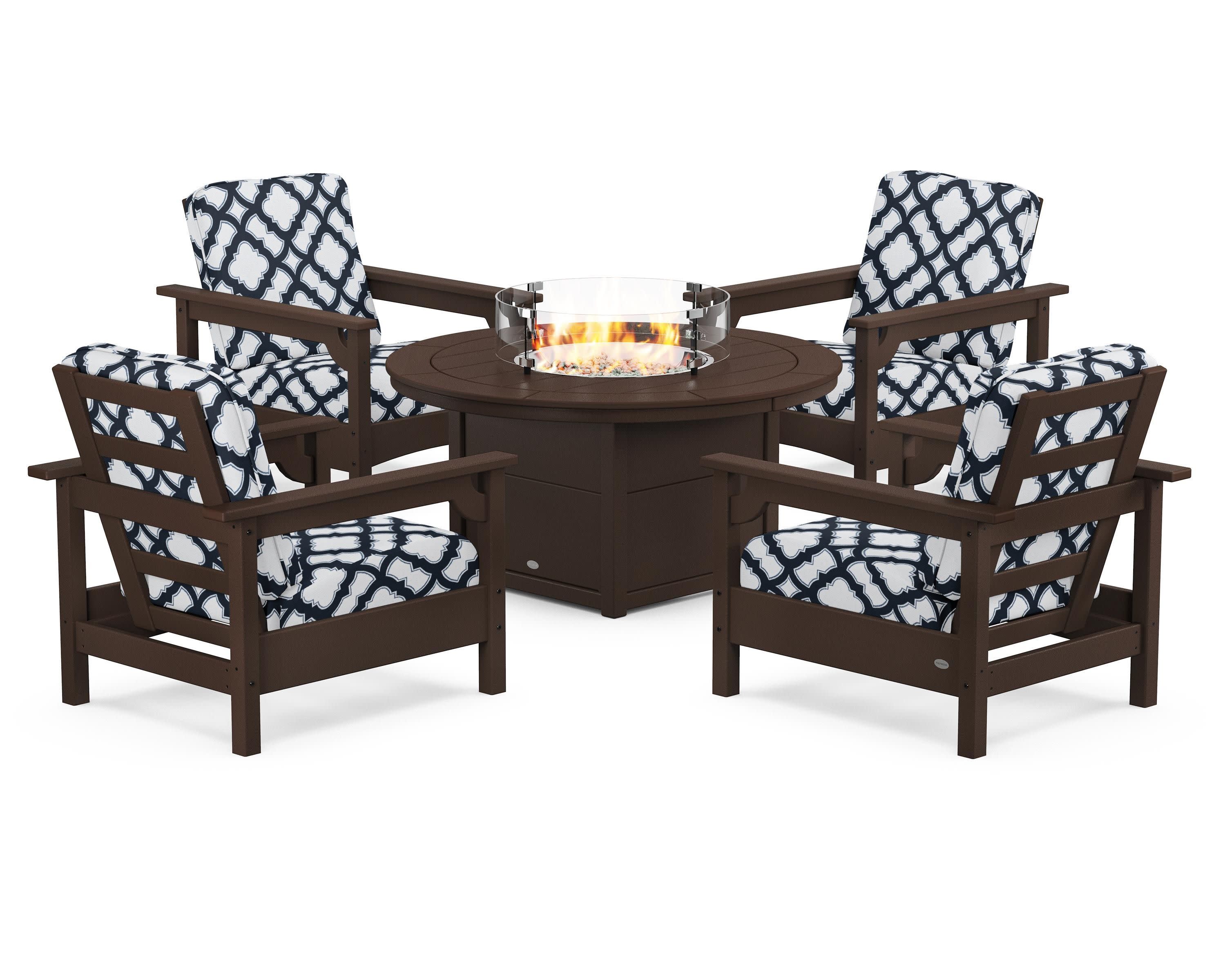 Club 5-Piece Conversation Set with Fire Pit Table in Mahogany / Trellis Marine Indigo