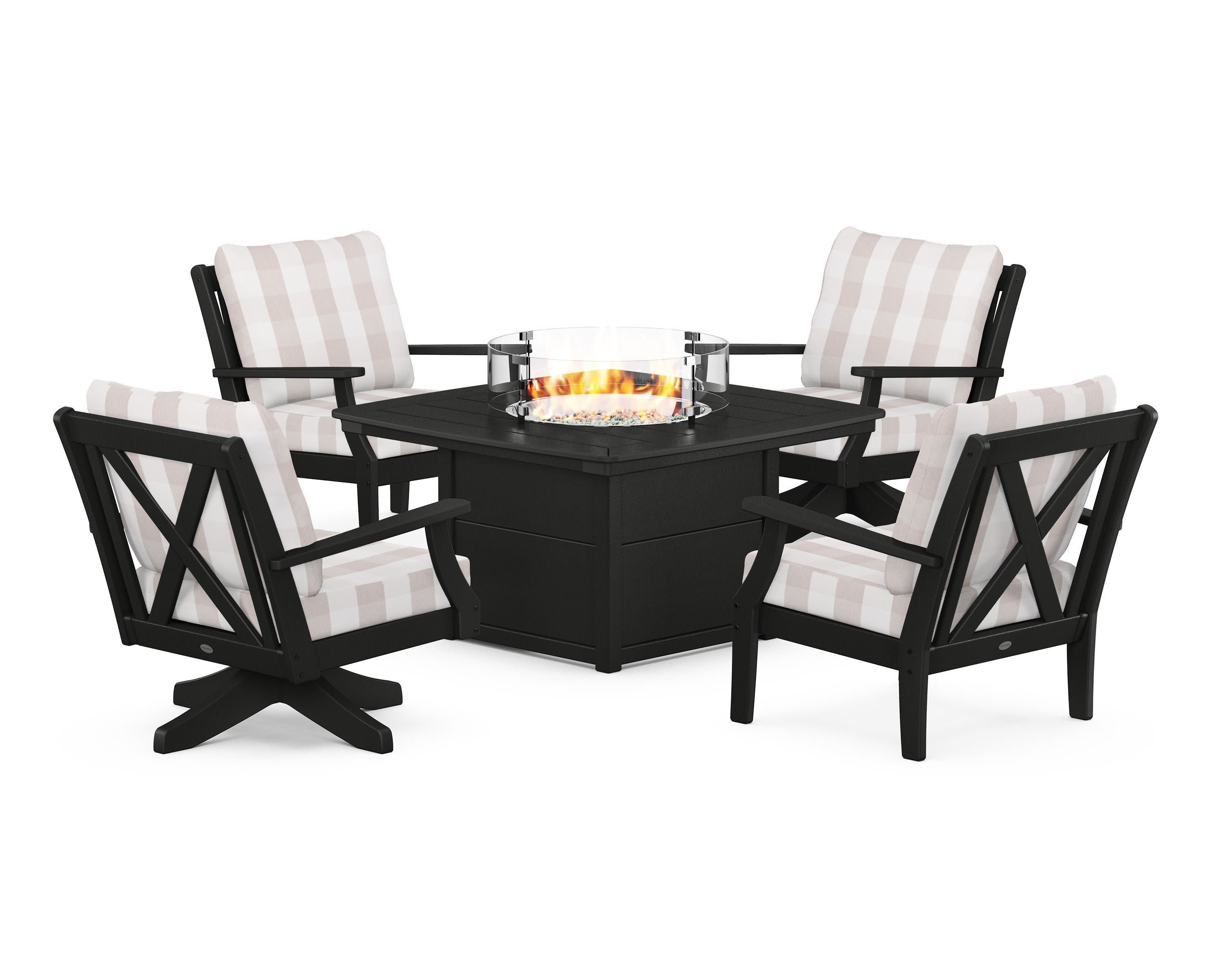 Braxton 5-Piece Deep Seating Set with Fire Table in Black / Buffalo Plaid Dune Burlap