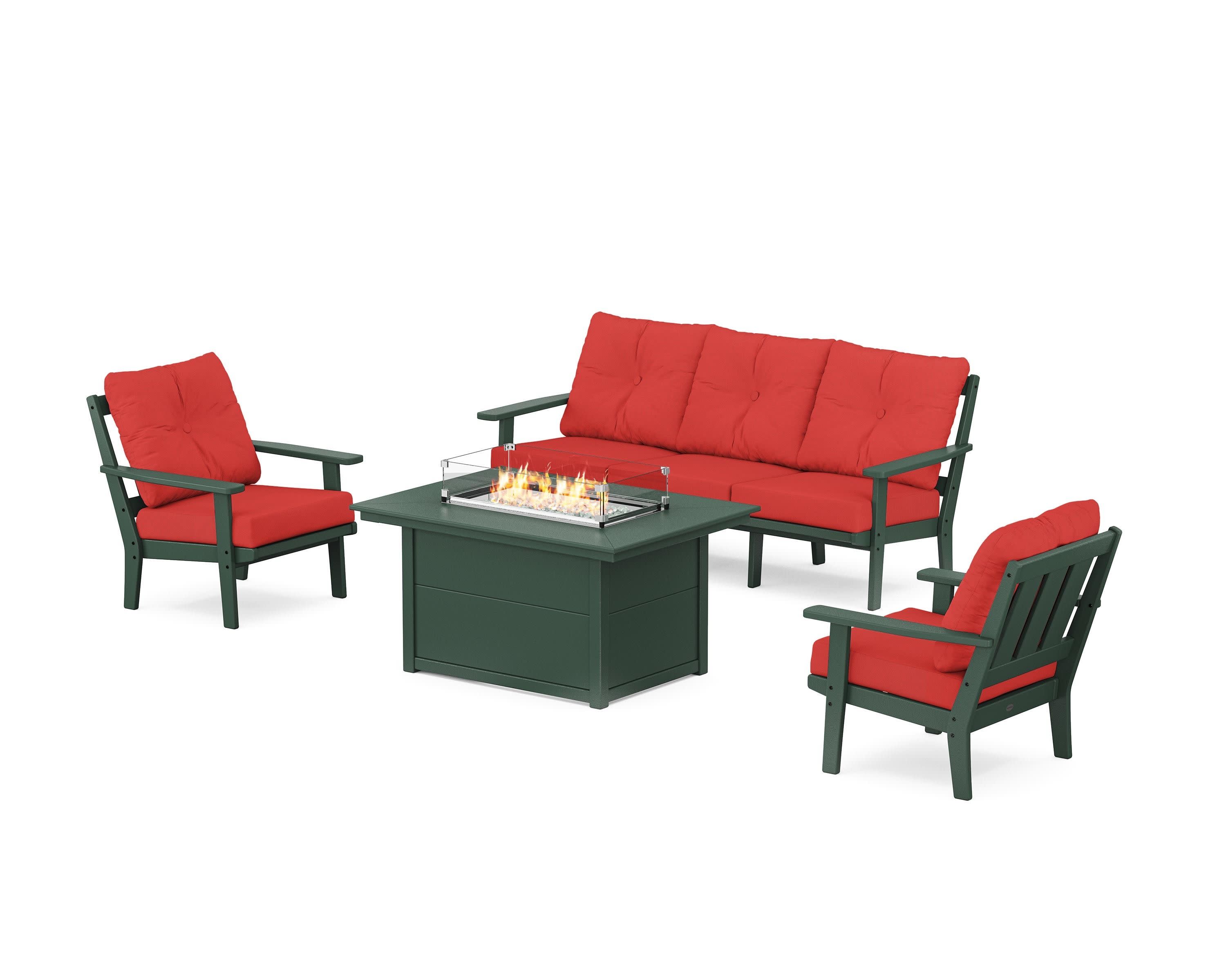 Oxford Deep Seating Fire Pit Table Set in Green / Crimson Linen