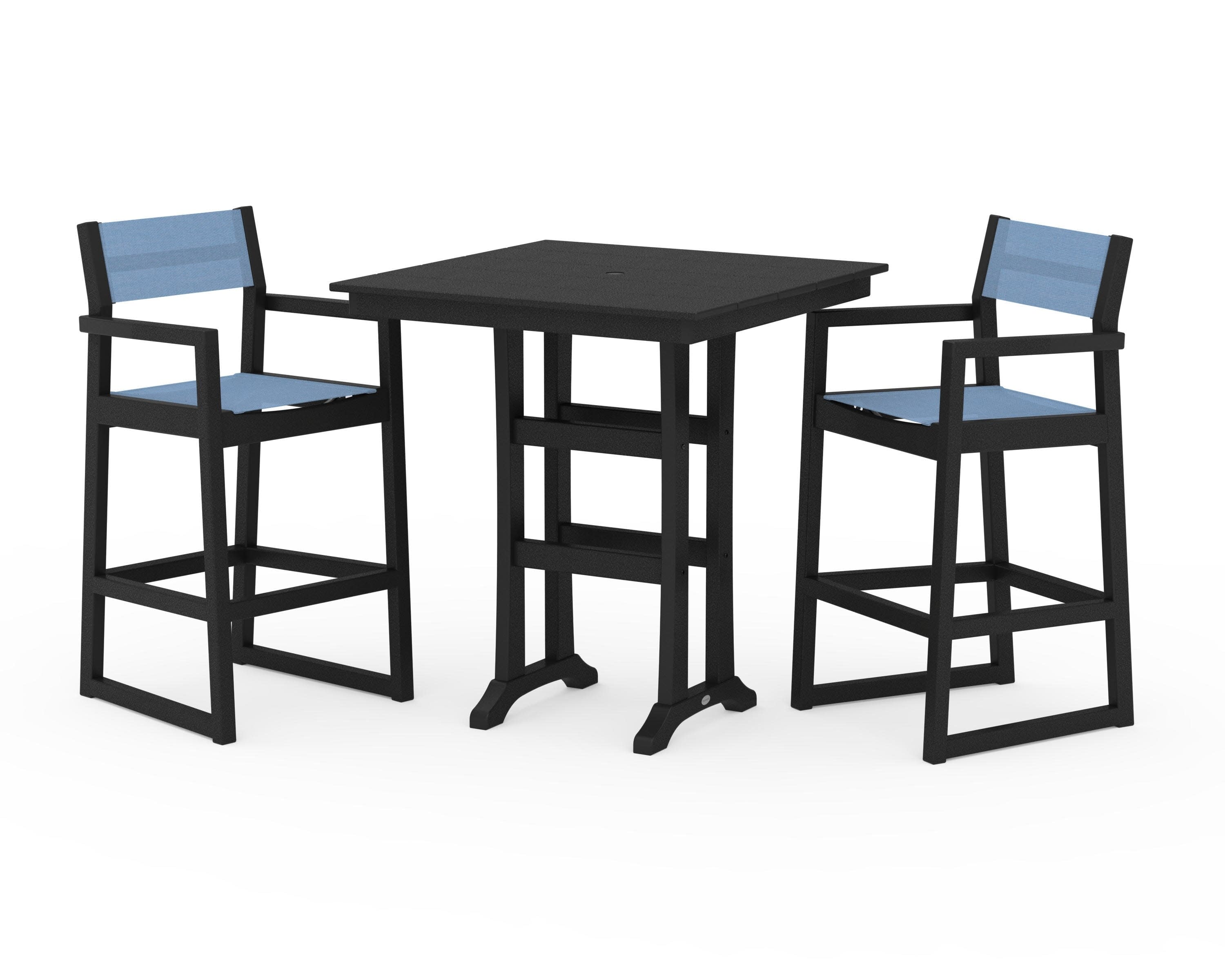EDGE Sling Arm Chair 3-Piece Farmhouse Bar Set with Trestle Legs in Black / Poolside Sling