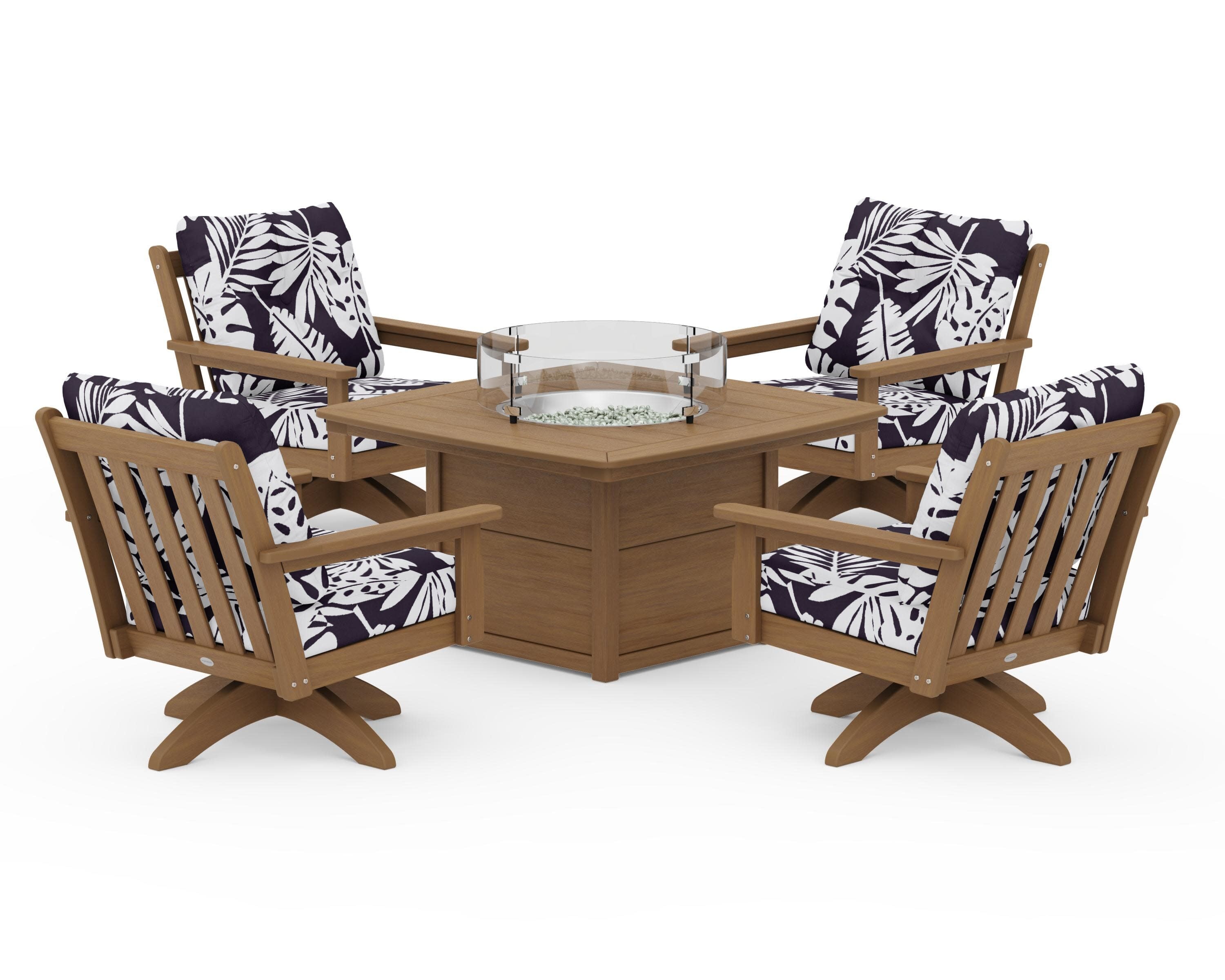 Vineyard 5-Piece Deep Seating Swivel Conversation Set with Fire Pit Table in Natural / Leaf Navy