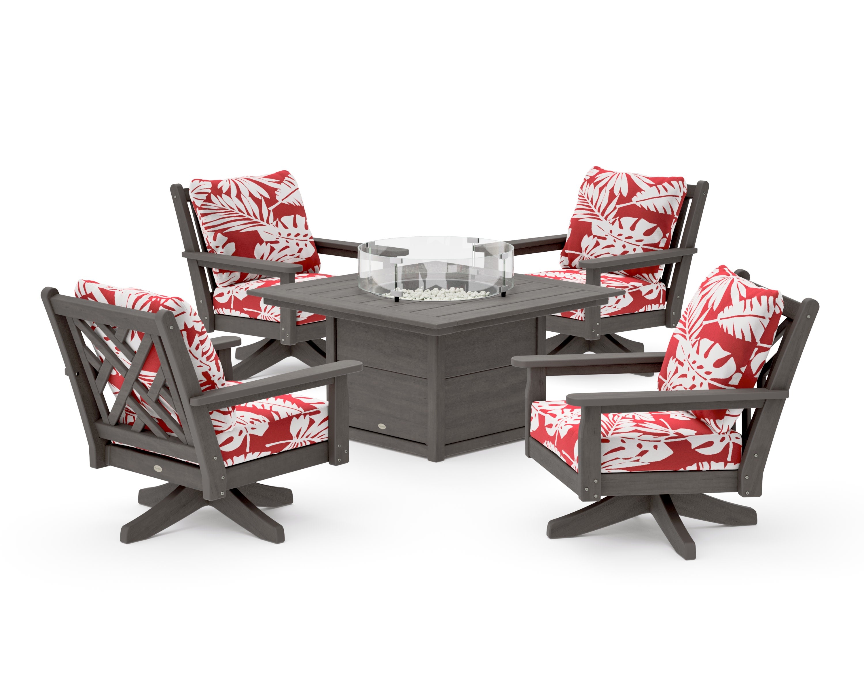 Chippendale 5-Piece Deep Seating Swivel Conversation Set with Fire Pit Table in Driftwood / Leaf Crimson