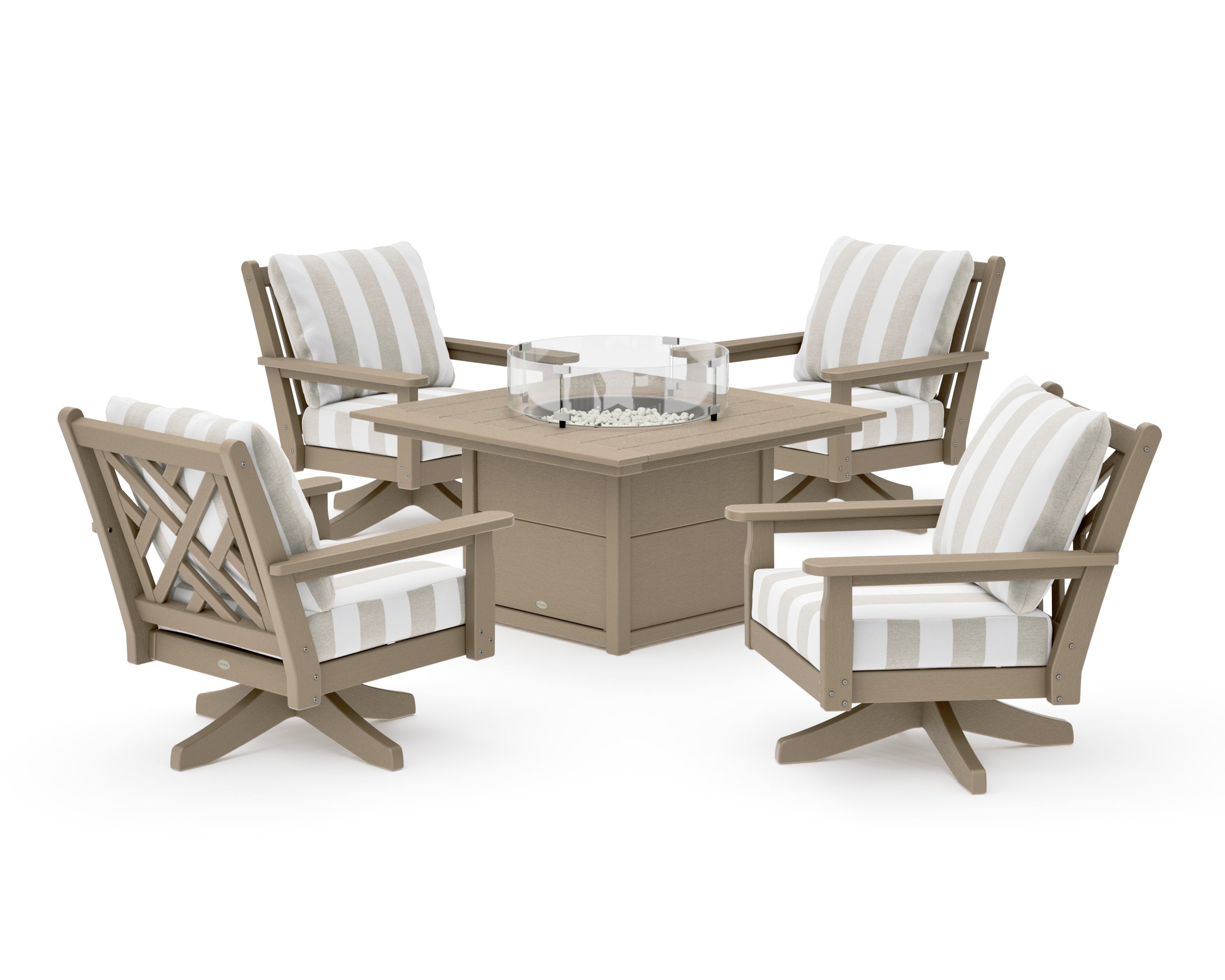 Chippendale 5-Piece Deep Seating Swivel Conversation Set with Fire Pit Table in Vintage Sahara / Cabana Stripe Dune Burlap