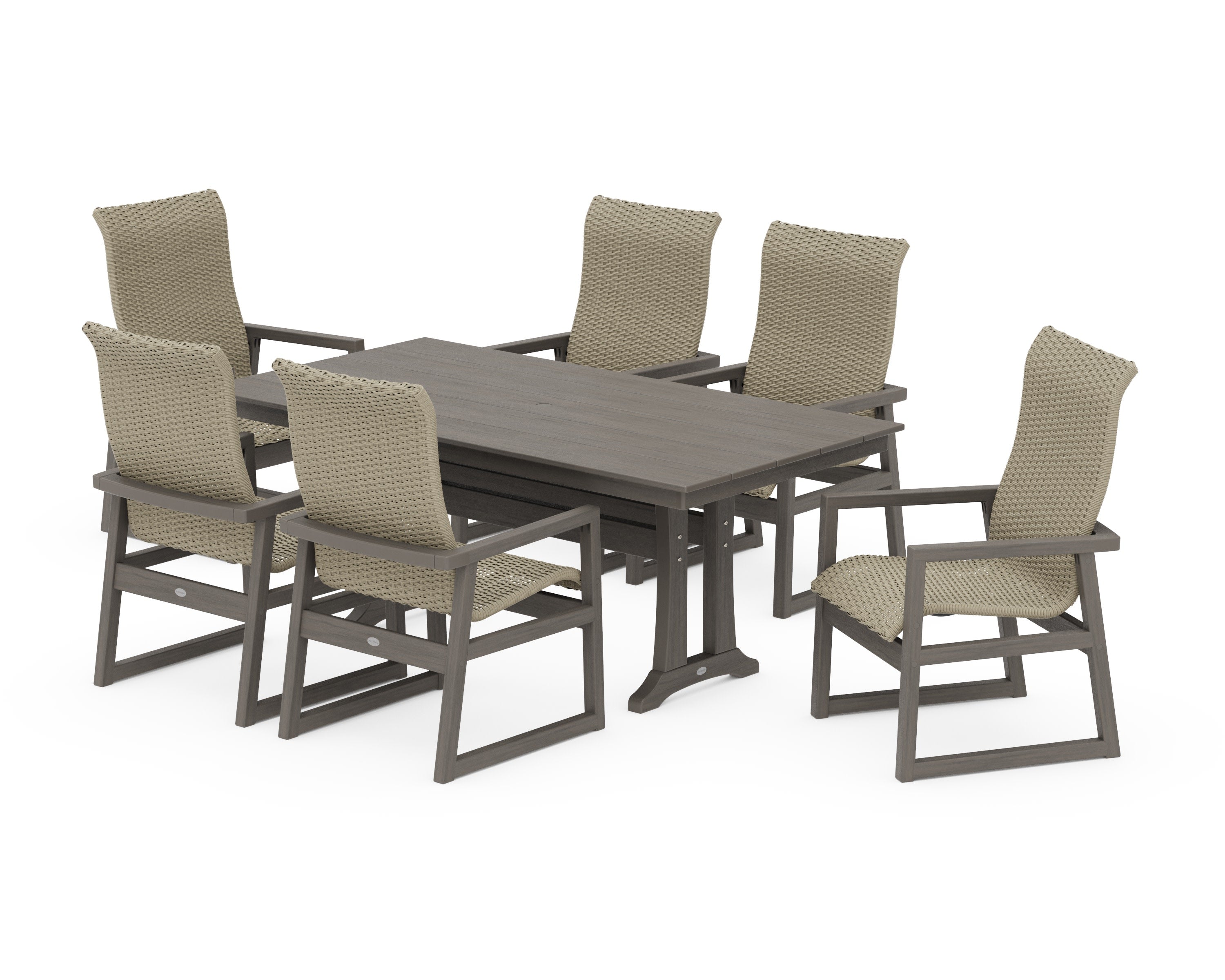 EDGE Woven Highback Arm Chair 7-Piece Farmhouse Dining Set with Trestle Legs in Driftwood / Dune Grass