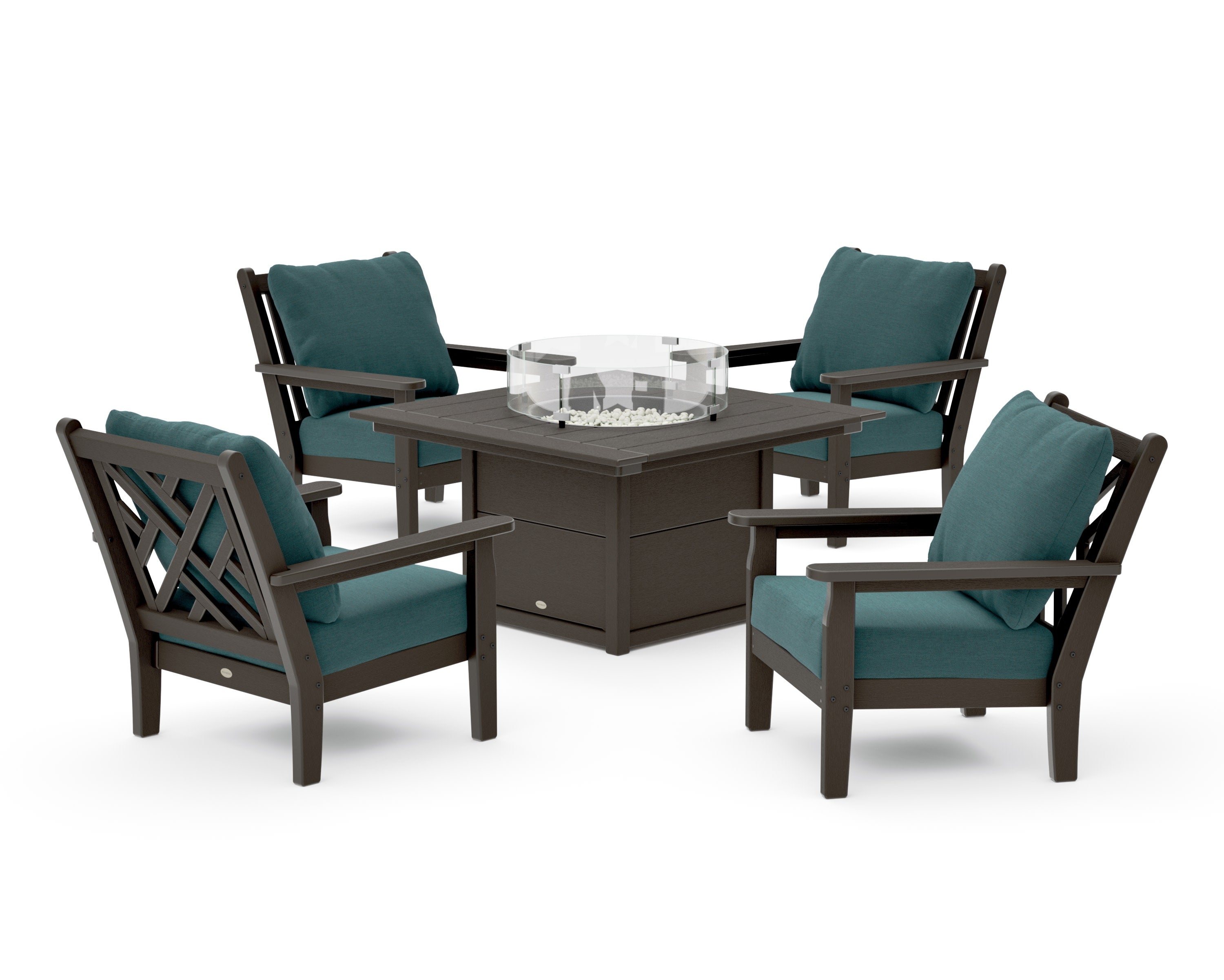 Chippendale 5-Piece Deep Seating Set with Fire Pit Table in Vintage Coffee / Ocean Teal