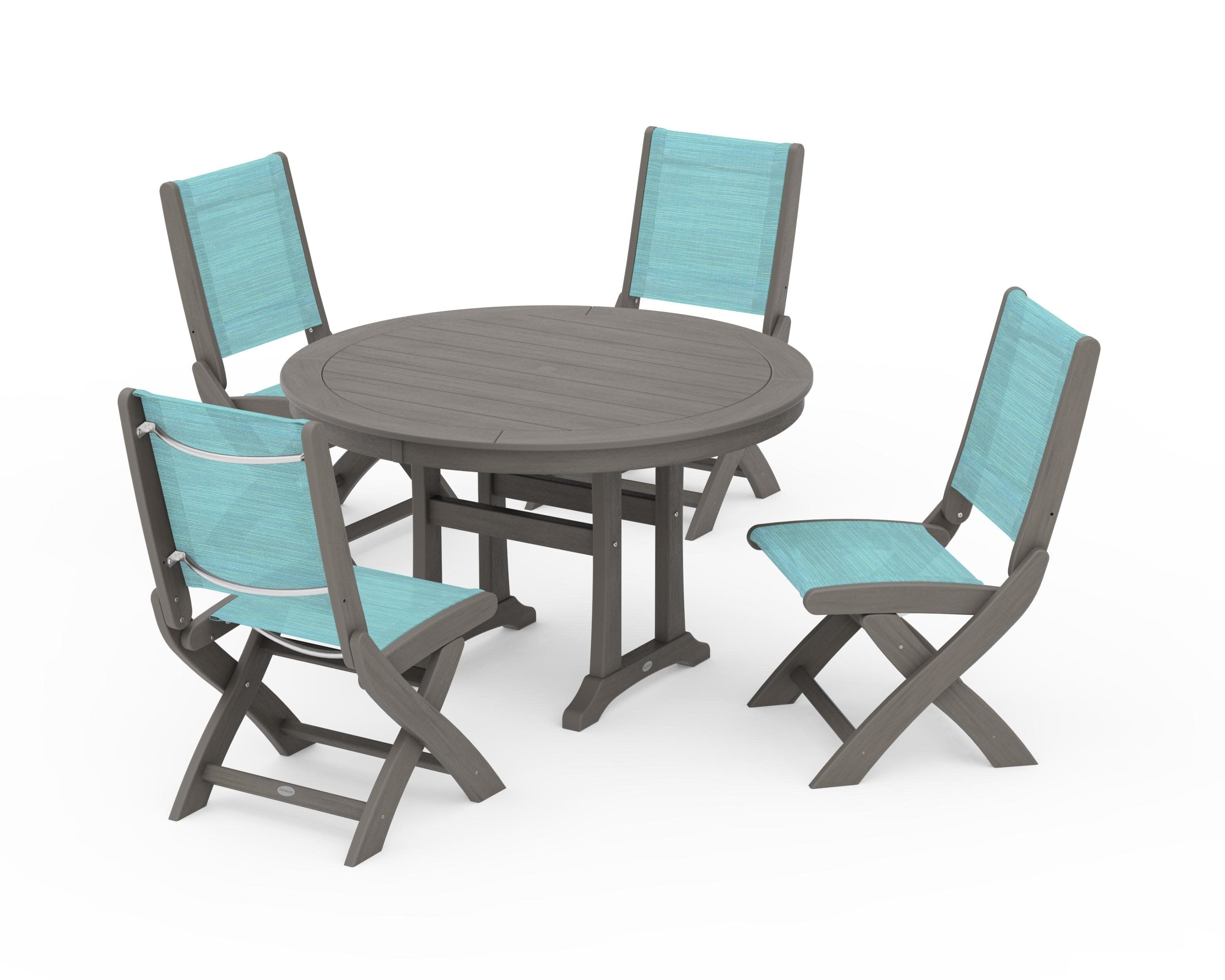 Coastal Folding Side Chair 5-Piece Round Dining Set With Trestle Legs in Driftwood / Dupioni Aquamarine Sling