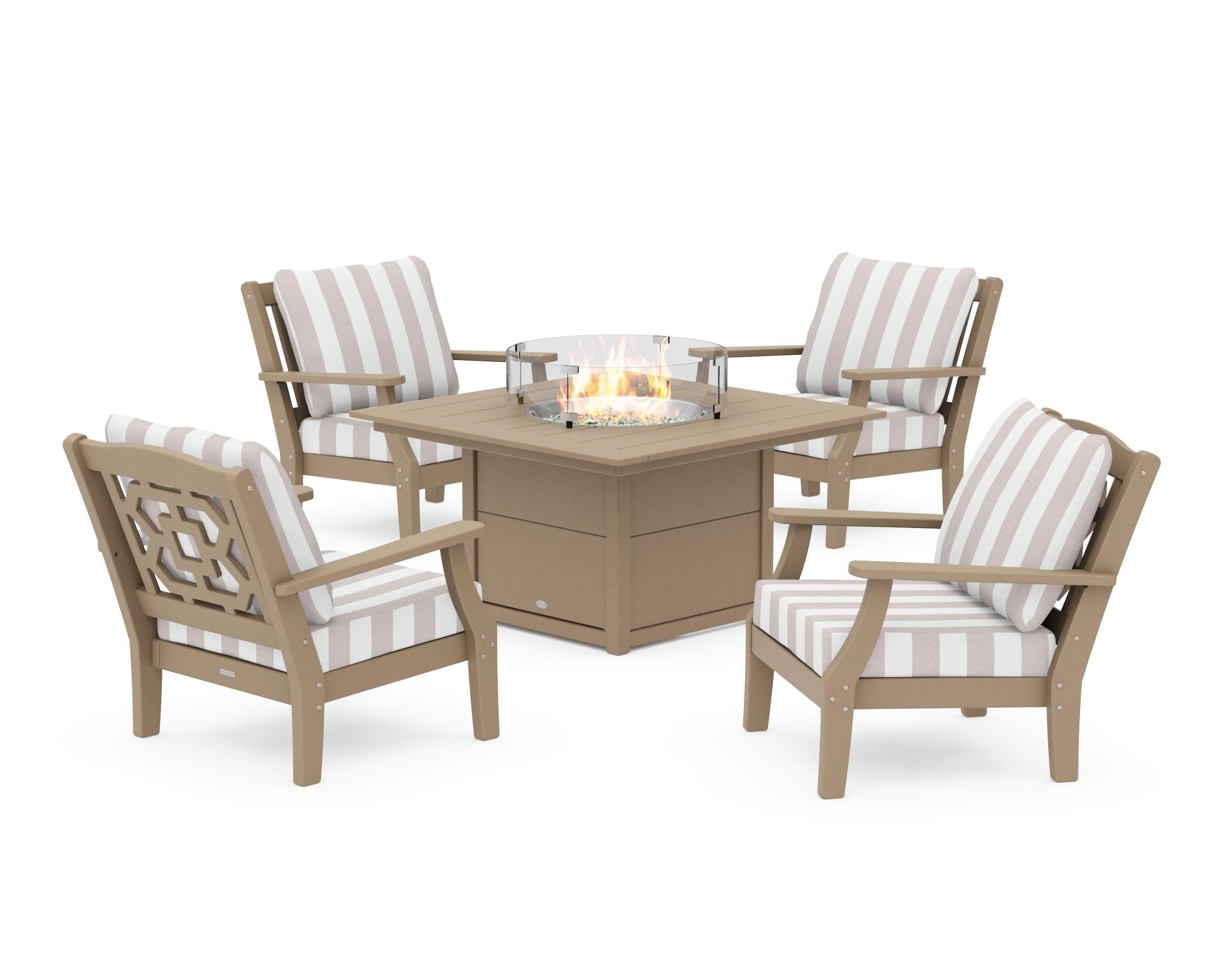 Chinoiserie 5-Piece Deep Seating Set with Fire Pit Table in Vintage Sahara / Cabana Stripe Dune Burlap
