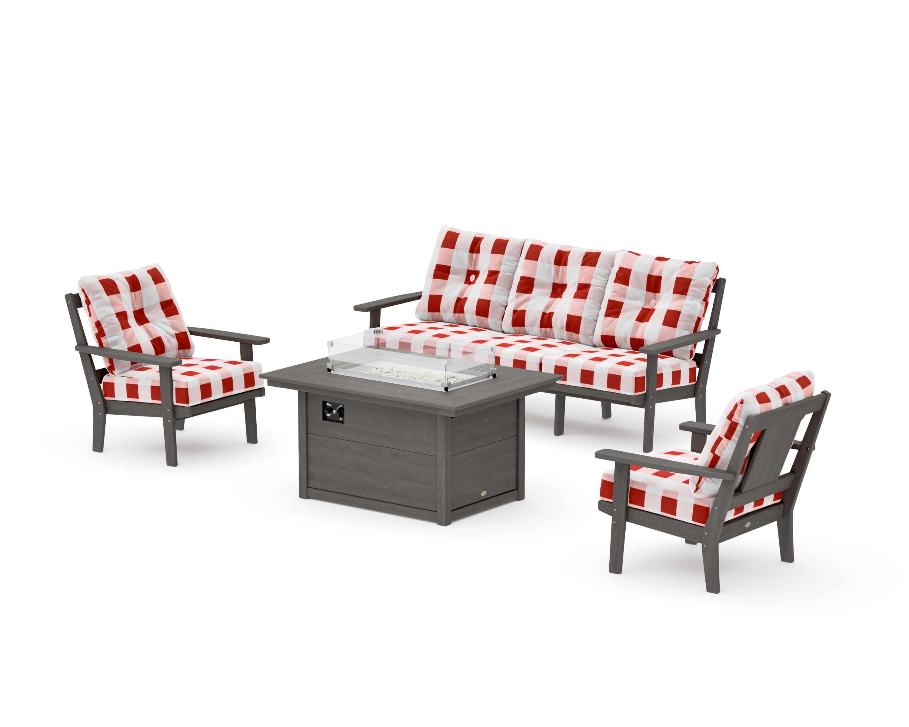 Prairie Deep Seating Fire Pit Table Set in Driftwood / Buffalo Plaid Crimson