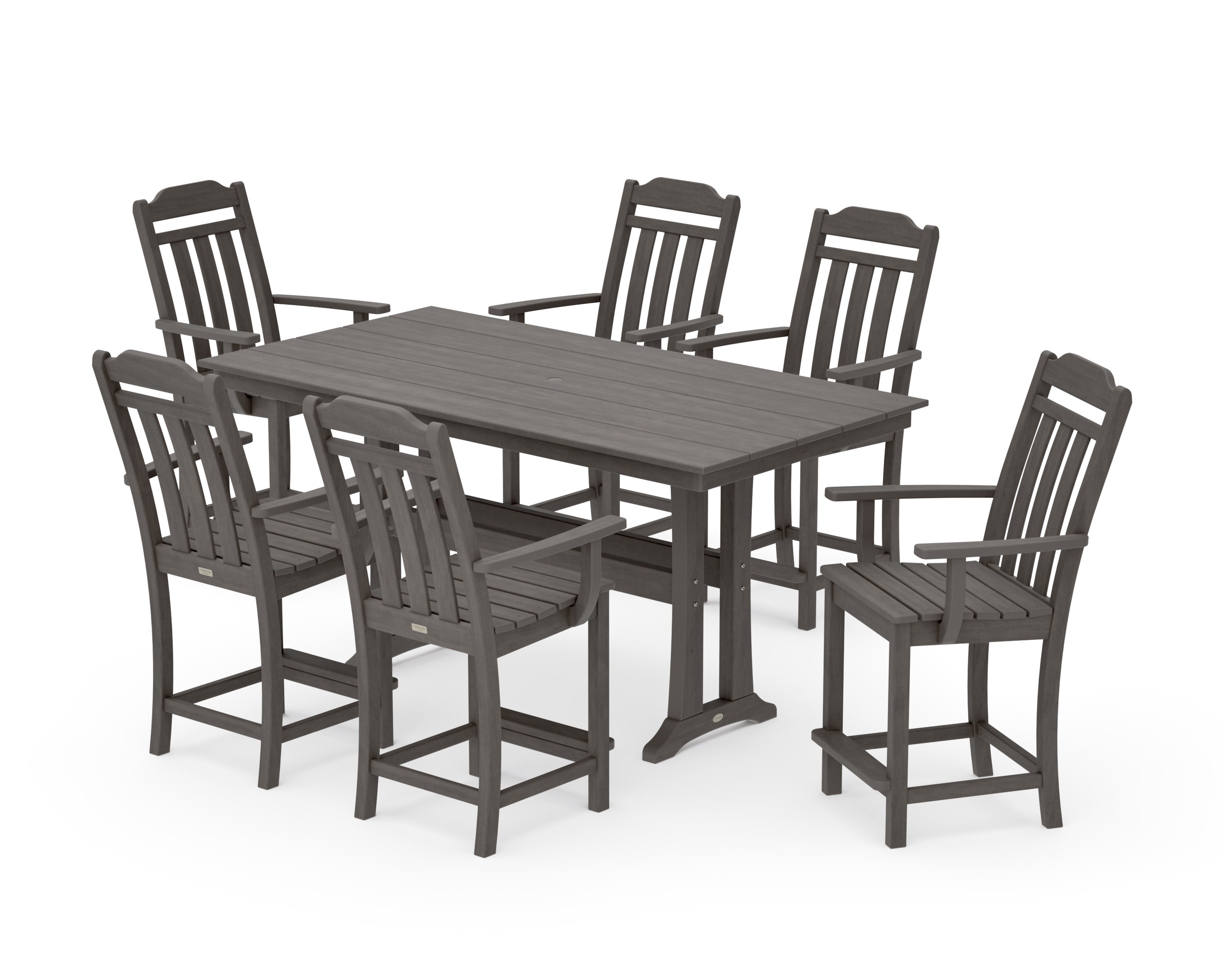 Cottage Arm Chair 7-Piece Farmhouse Counter Set with Trestle Legs in Driftwood