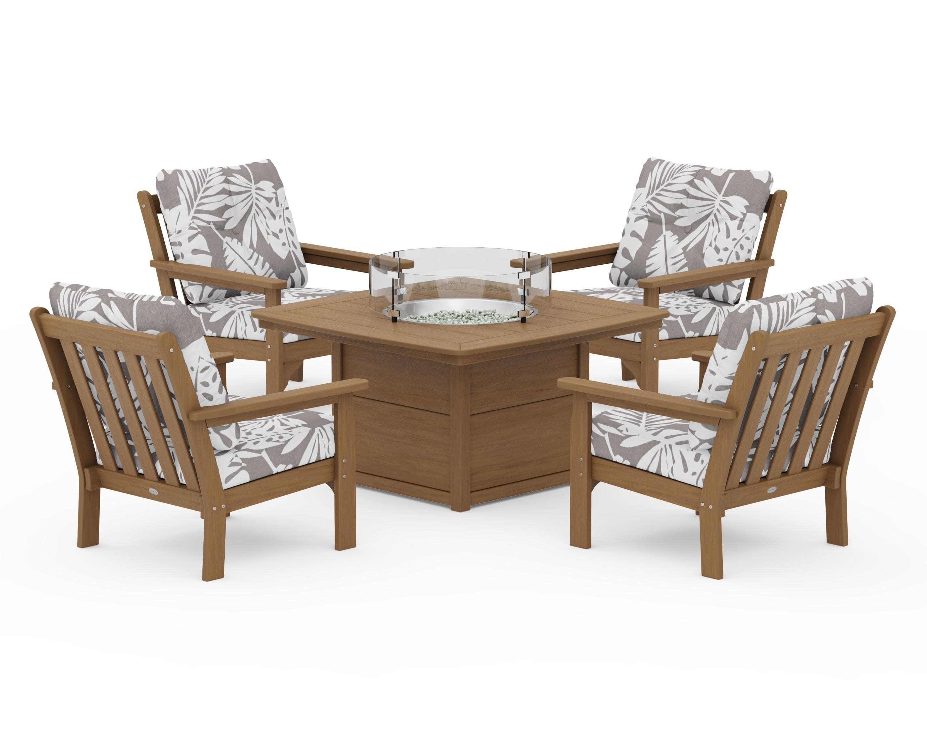 Vineyard 5-Piece Conversation Set with Fire Pit Table in Natural / Leaf Grey Mist