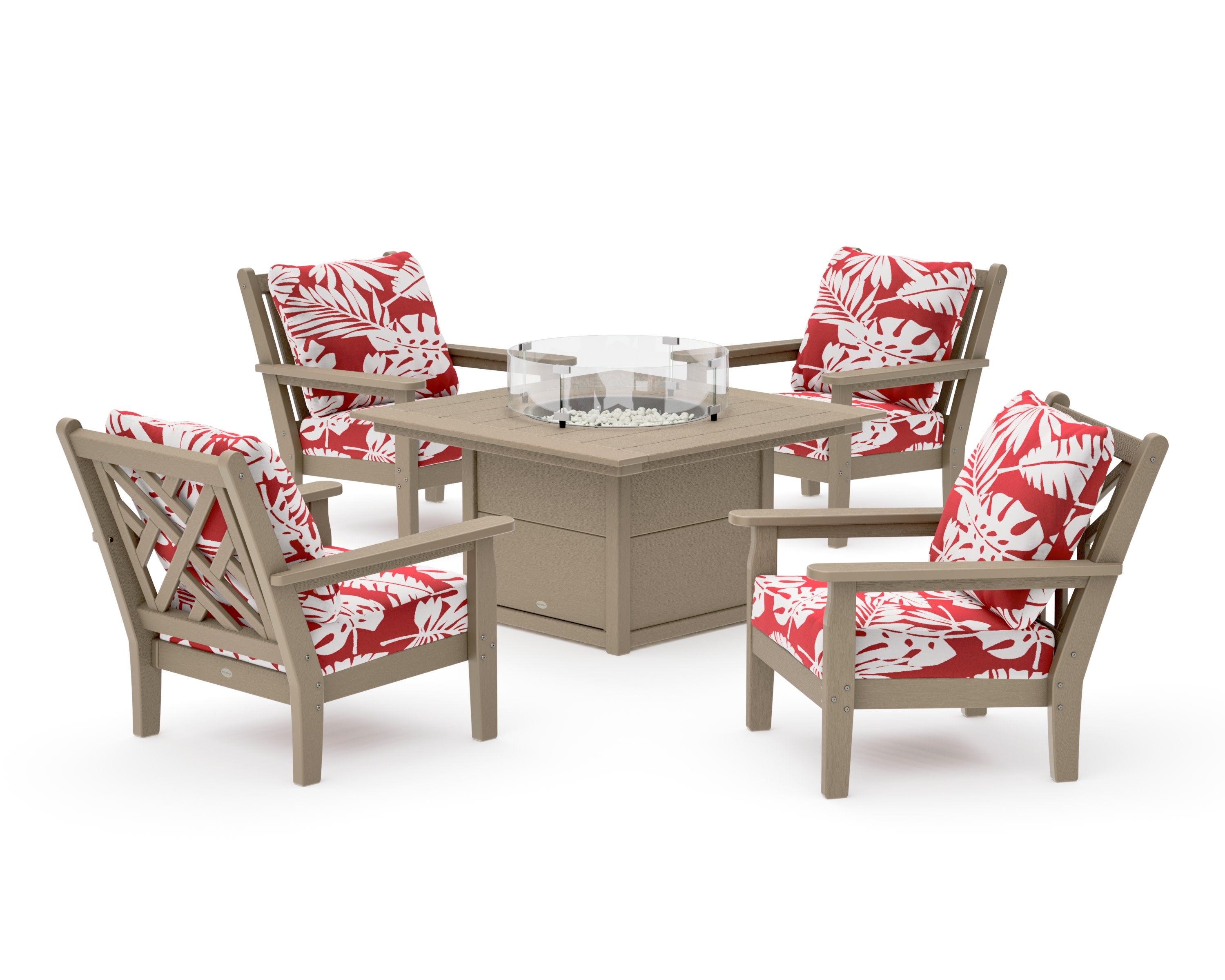 Chippendale 5-Piece Deep Seating Set with Fire Pit Table in Vintage Sahara / Leaf Crimson