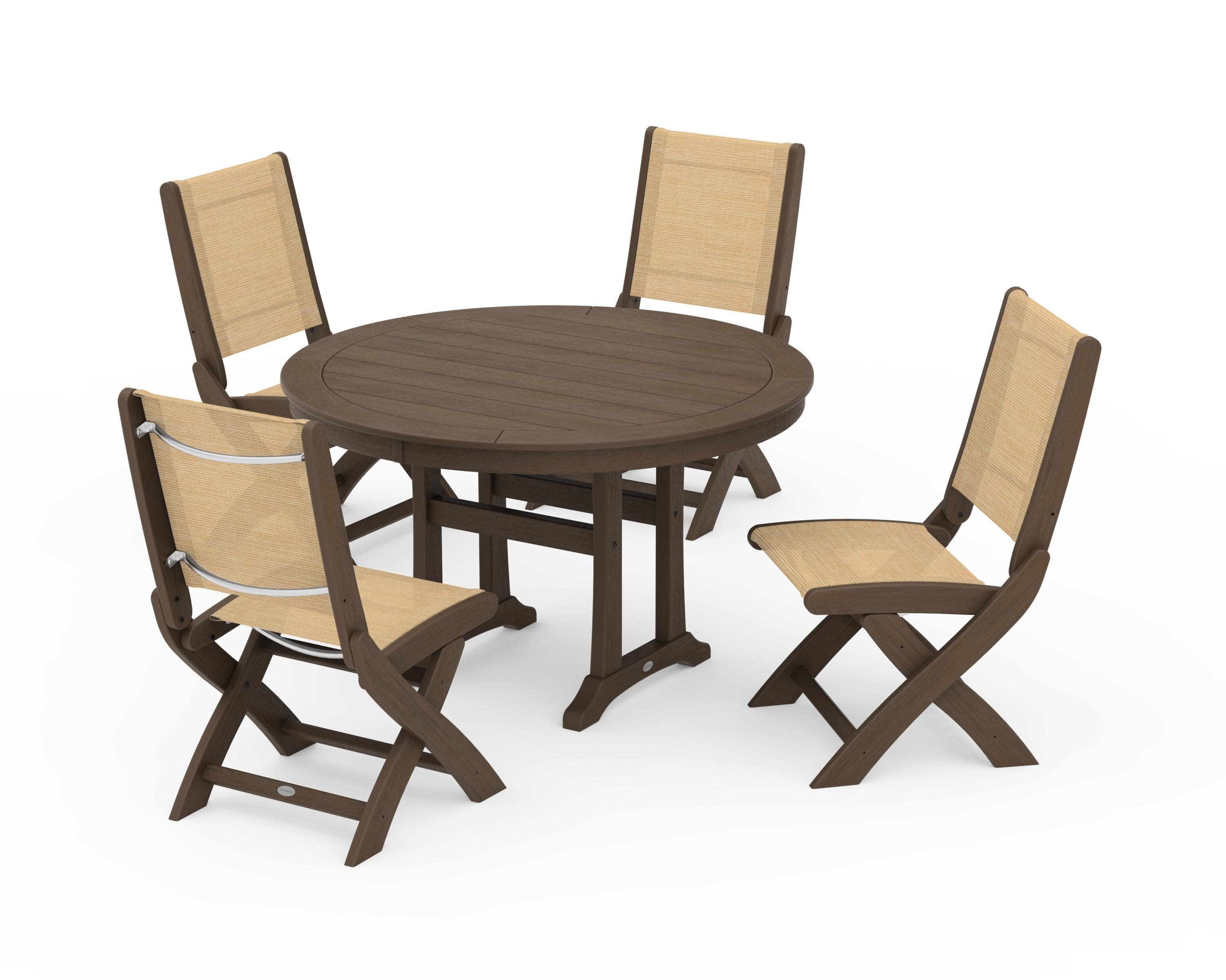 Coastal Folding Side Chair 5-Piece Round Dining Set With Trestle Legs in Kona / Dupioni Apricot Sling