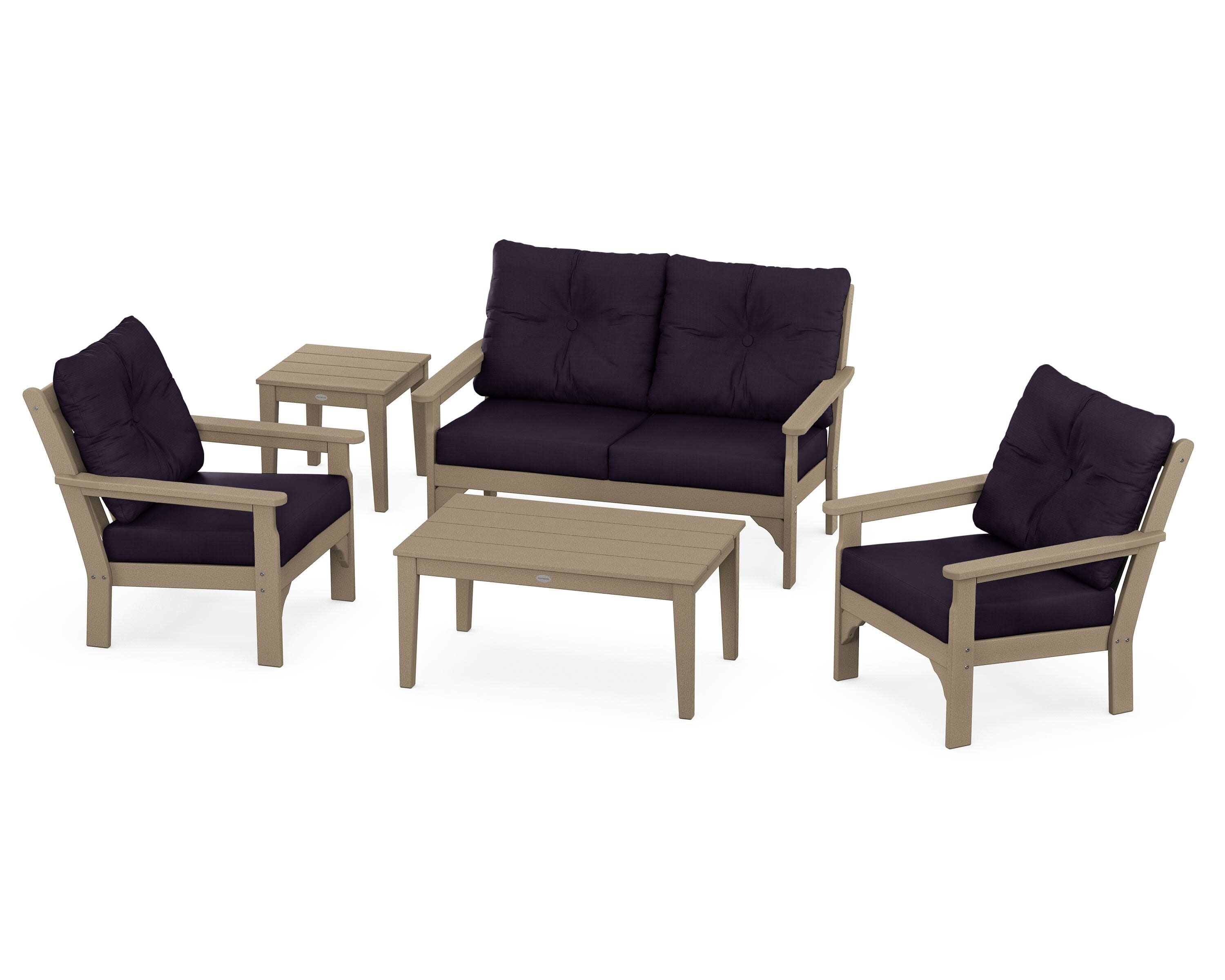 Vineyard 5-Piece Deep Seating Set in Vintage Sahara / Navy Linen