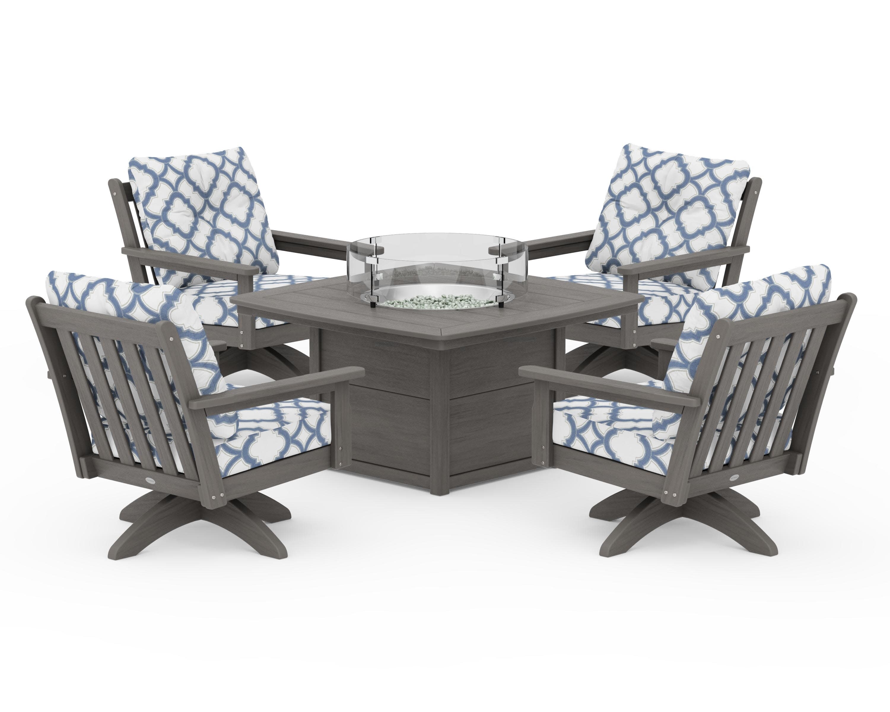 Vineyard 5-Piece Deep Seating Swivel Conversation Set with Fire Pit Table in Driftwood / Trellis Sky Blue