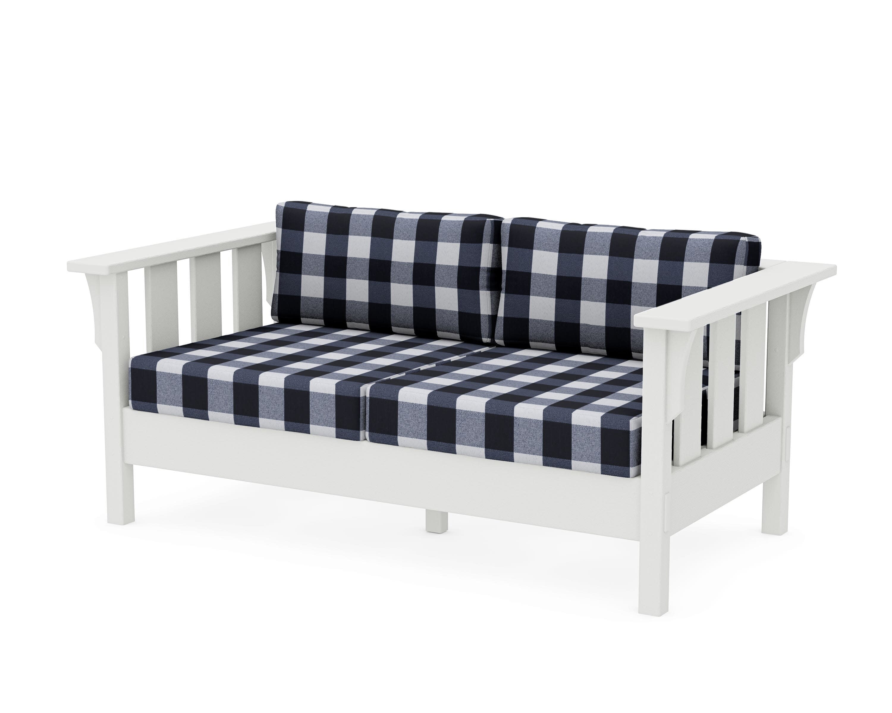 Acadia Deep Seating Loveseat in Vintage White / Buffalo Plaid Marine Indigo