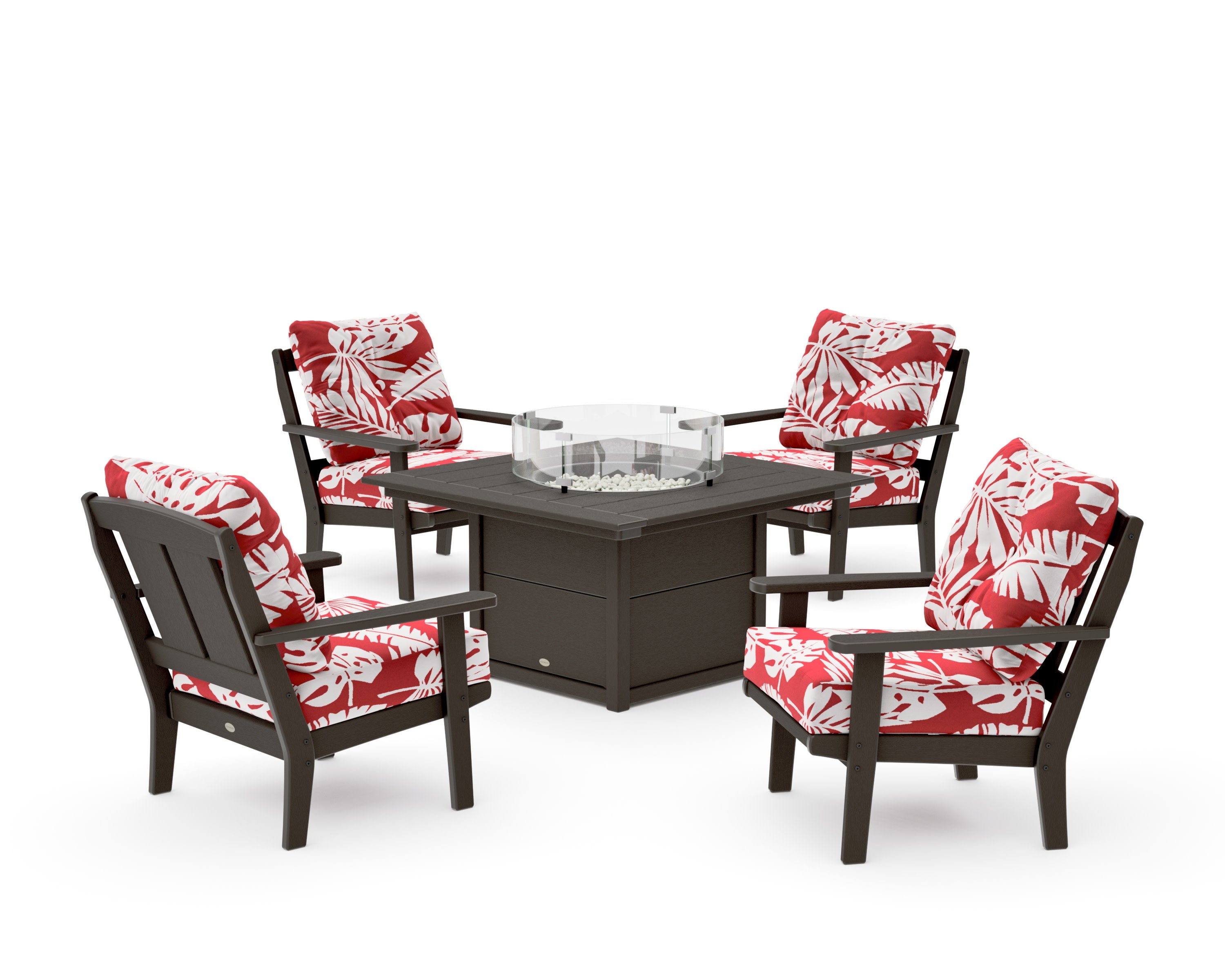 Mission 5-Piece Deep Seating Set with Fire Pit Table in Vintage Coffee / Leaf Crimson