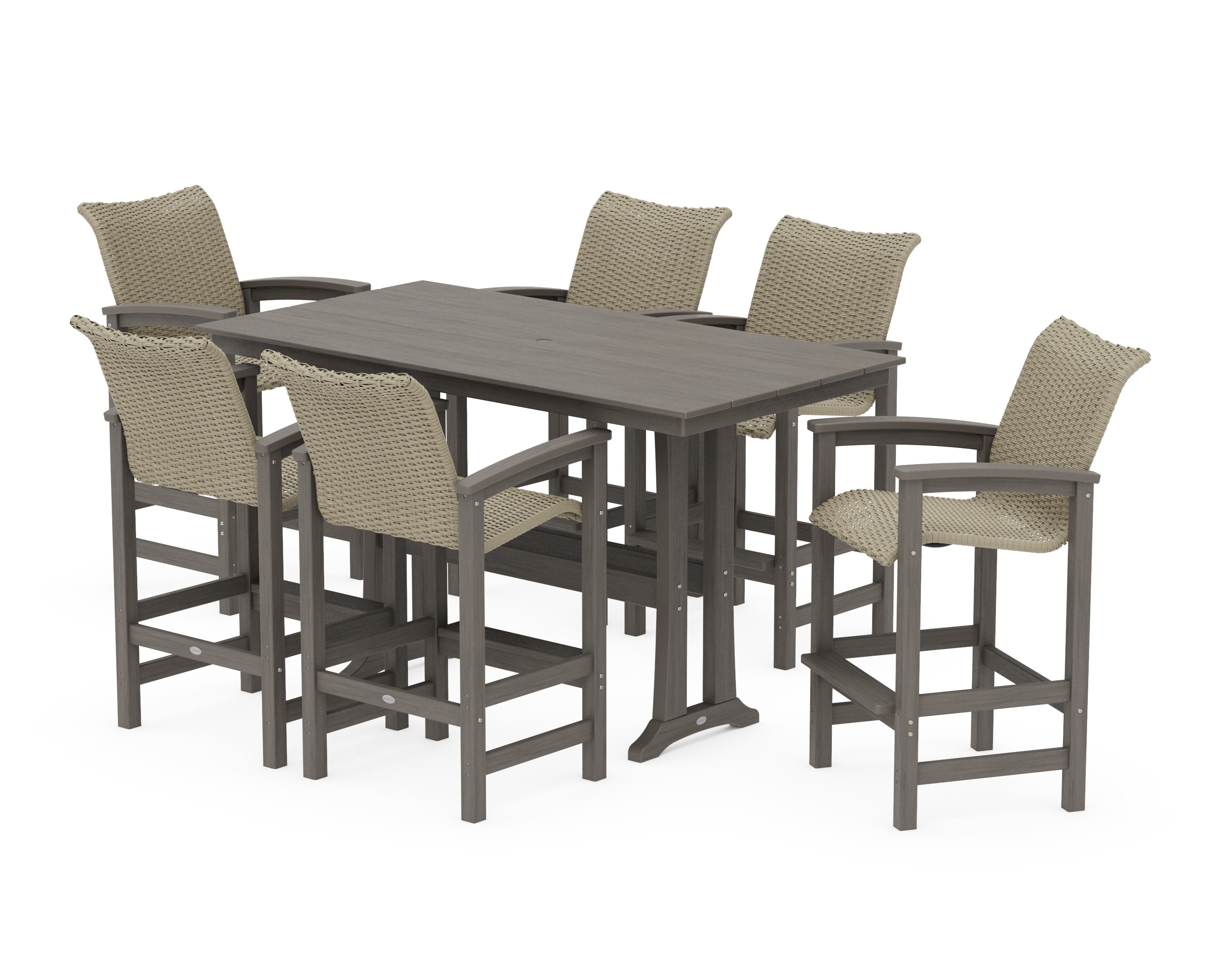Coastal Woven Arm Chair 7-Piece Farmhouse Bar Set with Trestle Legs in Driftwood / Dune Grass