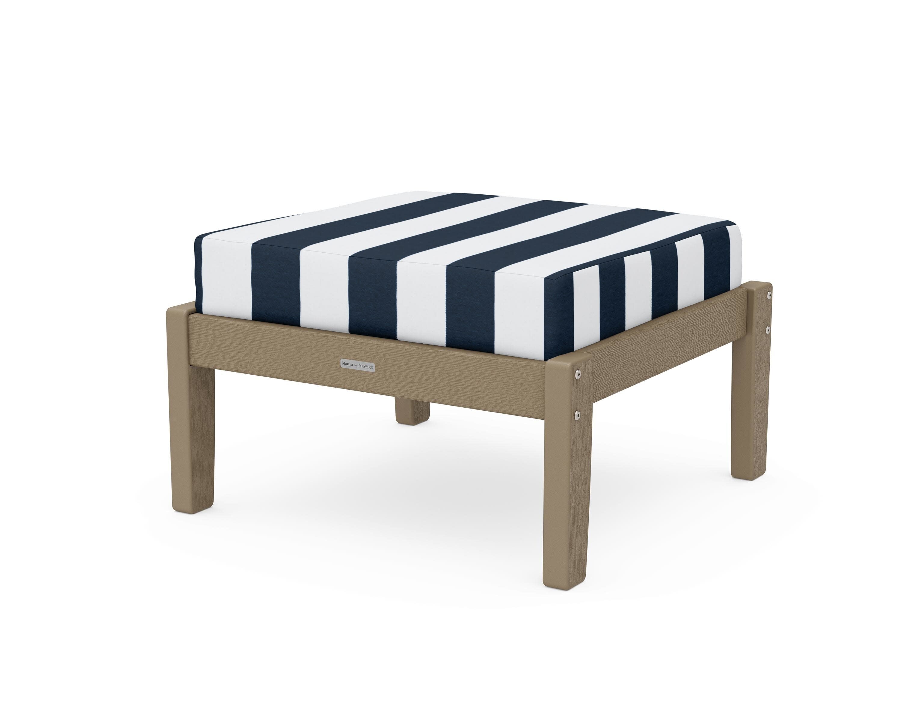 Chinoiserie Deep Seating Ottoman in Vintage Sahara / Cabana Stripe Marine Indigo
