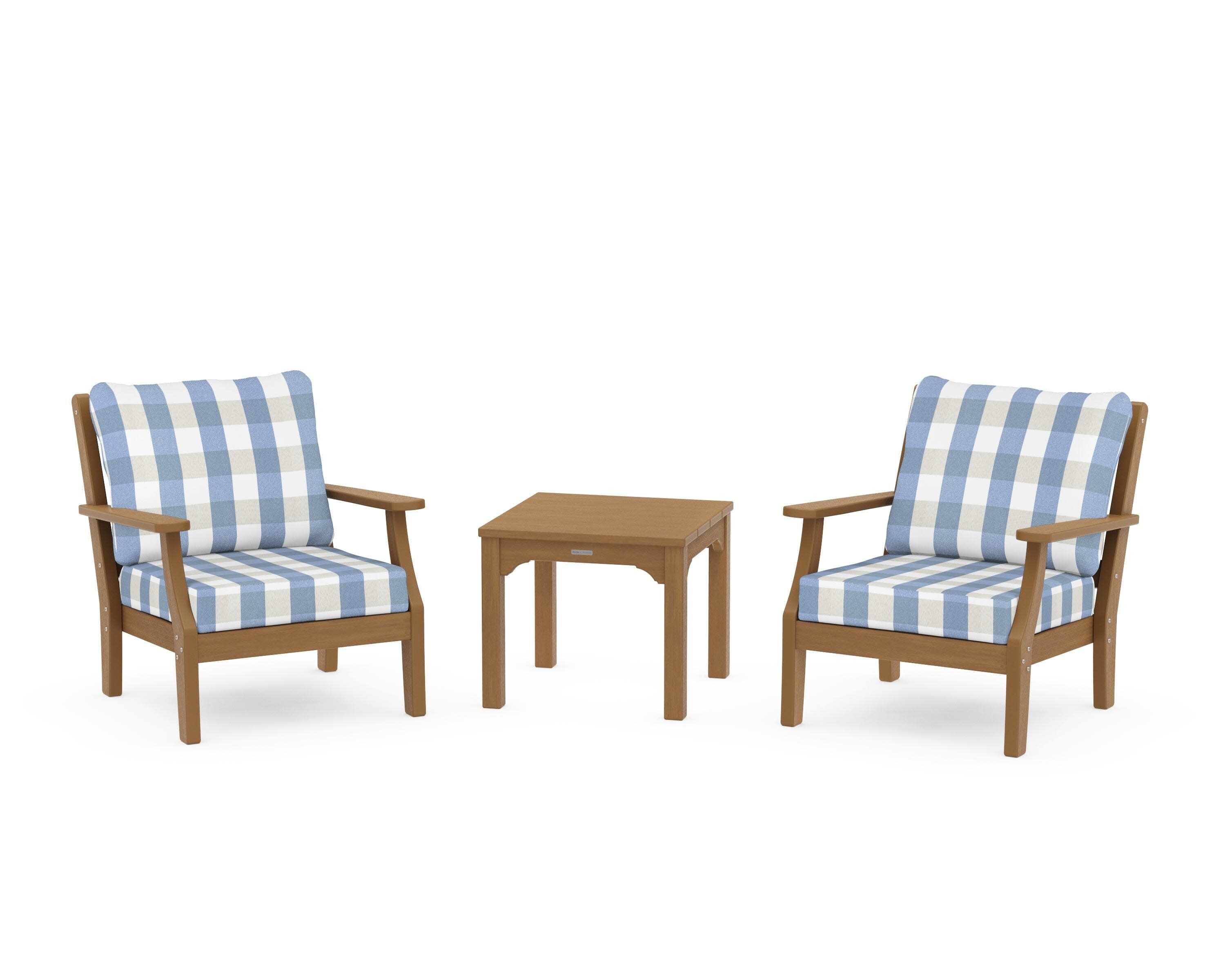 Chinoiserie 3-Piece Deep Seating Set in Natural / Buffalo Plaid Sky Blue