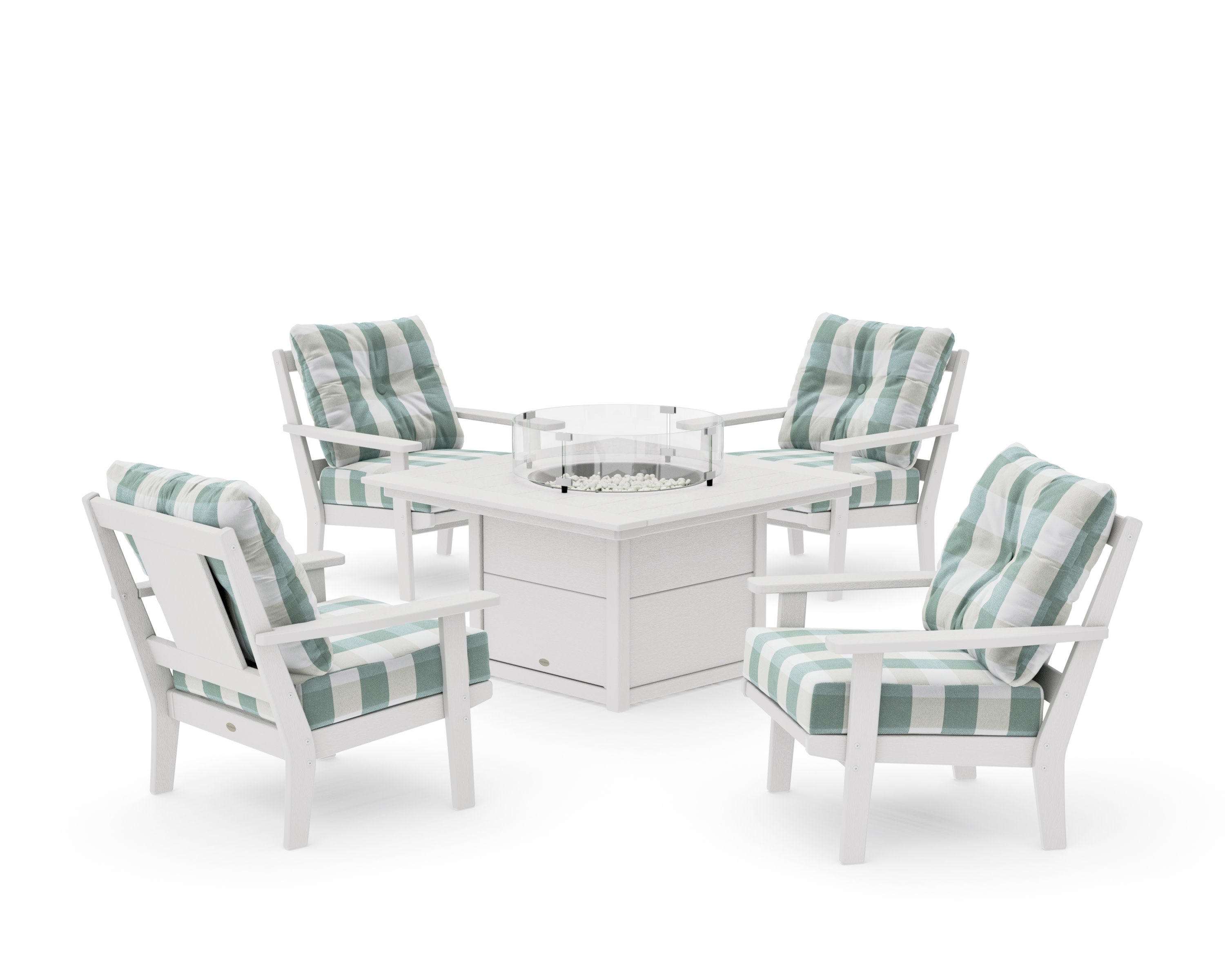 Prairie 5-Piece Deep Seating Set with Fire Pit Table in Vintage White / Buffalo Plaid Glacier Spa