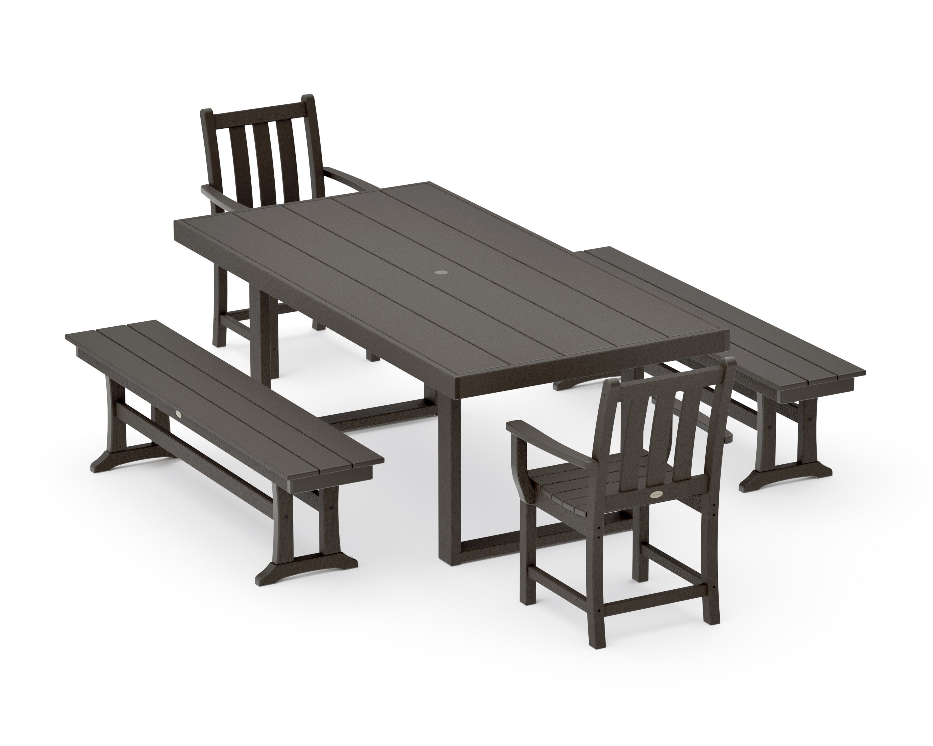 Traditional Garden 5-Piece Dining Set with Benches in Vintage Coffee