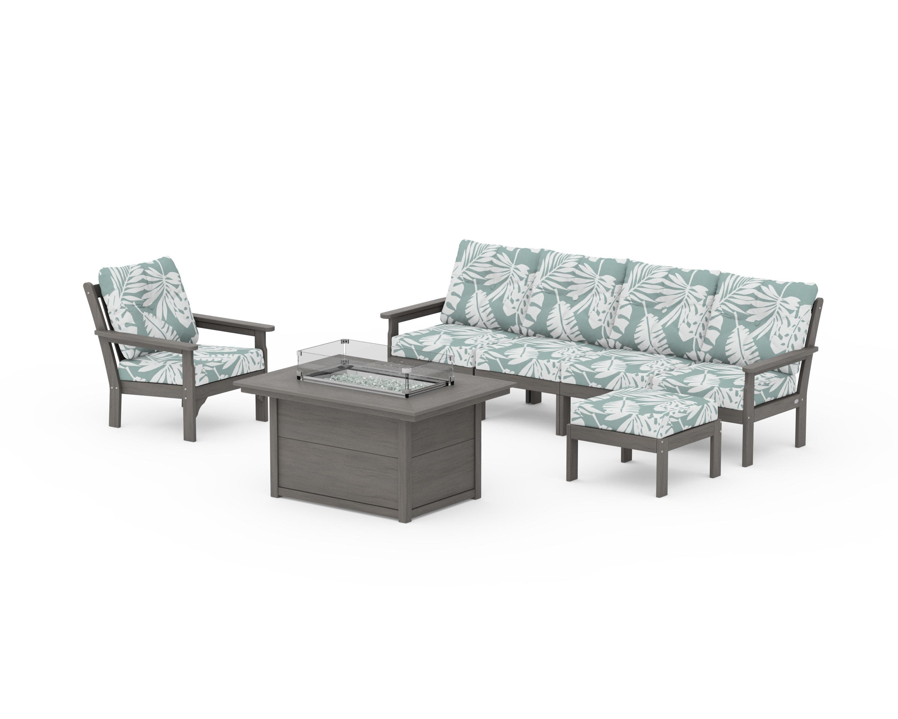 Vineyard Sectional Lounge and Fire Pit Set in Driftwood / Leaf Glacier Spa