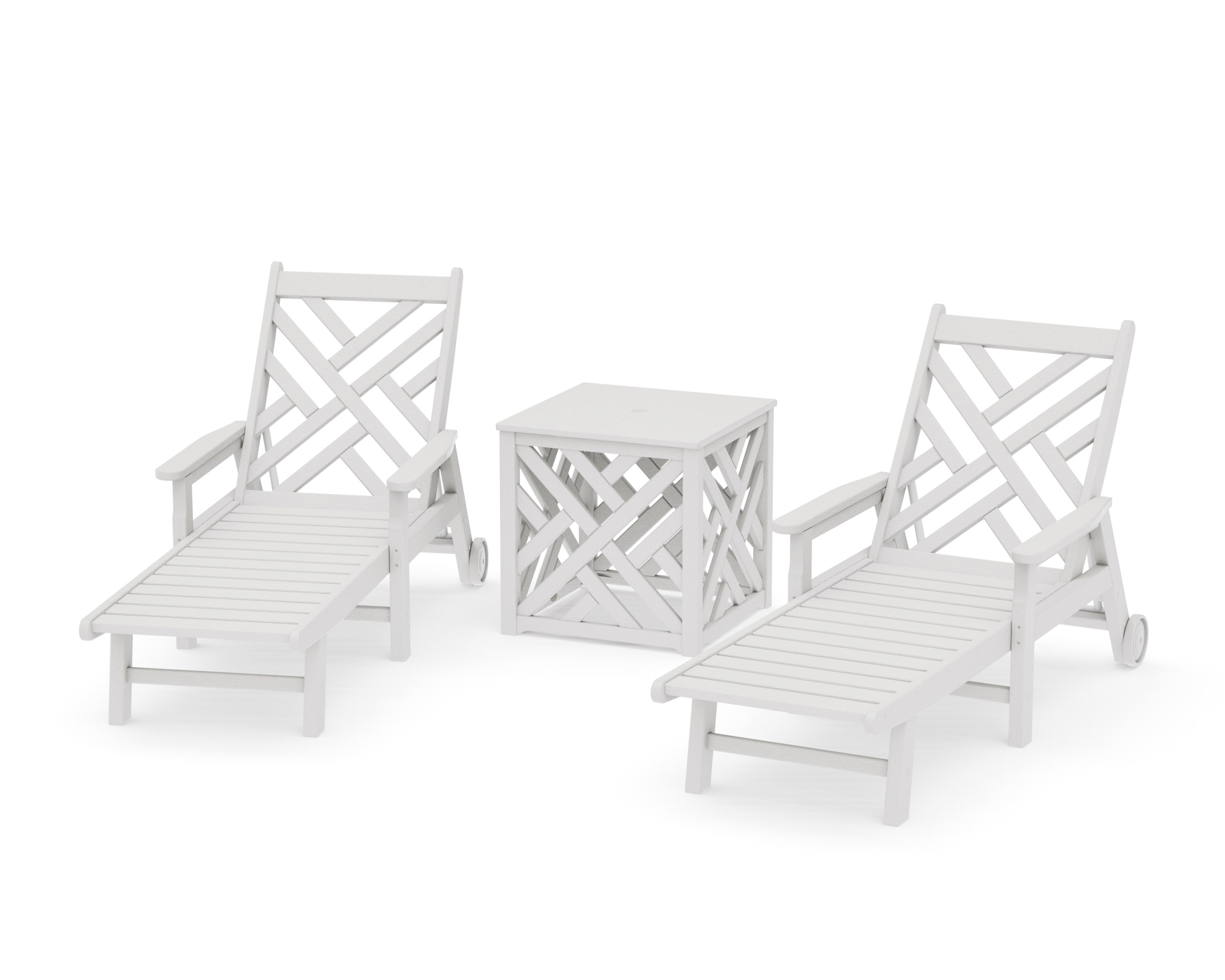 Chippendale 3-Piece Chaise Set with Umbrella Stand Accent Table in Vintage White