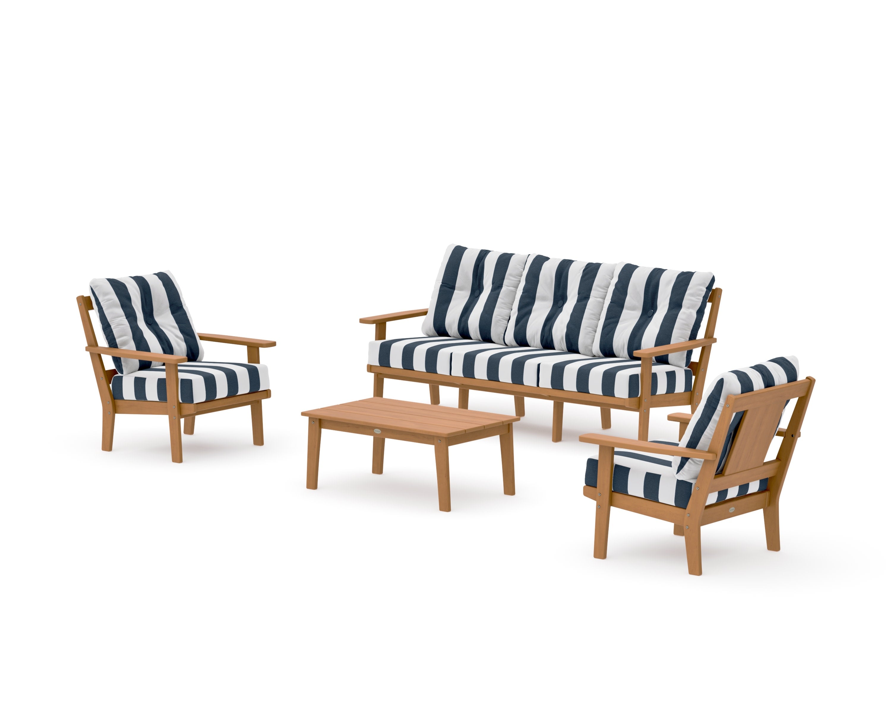 Prairie 4-Piece Deep Seating Set with Sofa in Natural / Cabana Stripe Marine Indigo