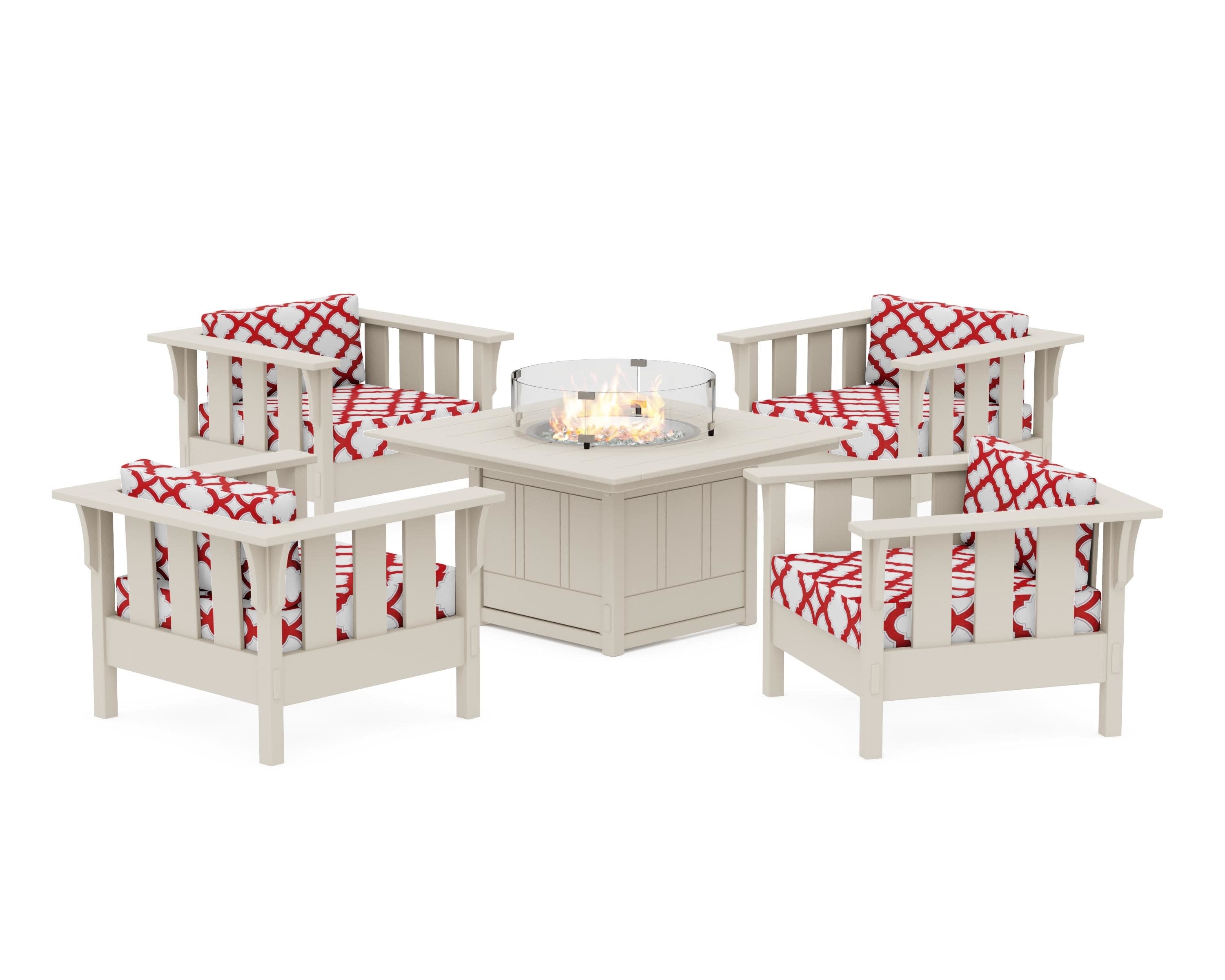 Acadia 5-Piece Deep Seating Set with Fire Pit Table in Sand / Trellis Crimson