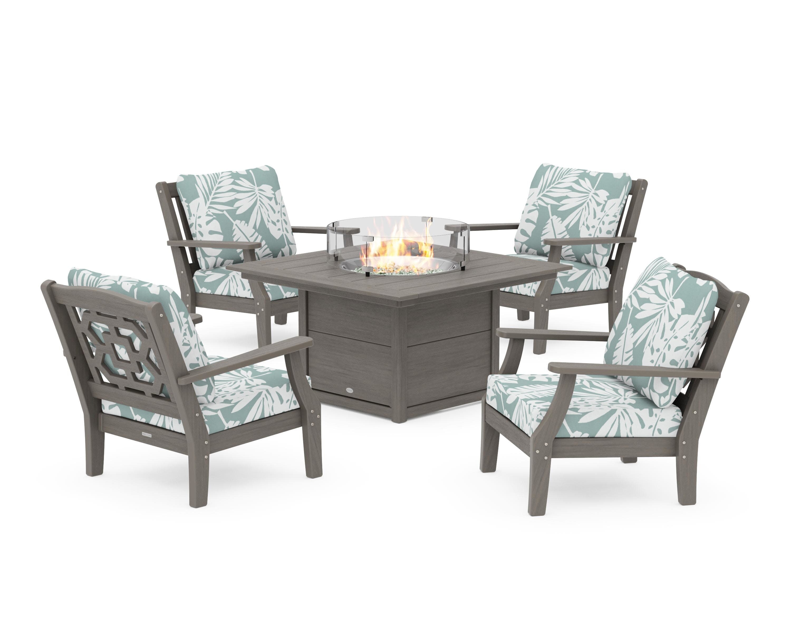 Chinoiserie 5-Piece Deep Seating Set with Fire Pit Table in Driftwood / Leaf Glacier Spa