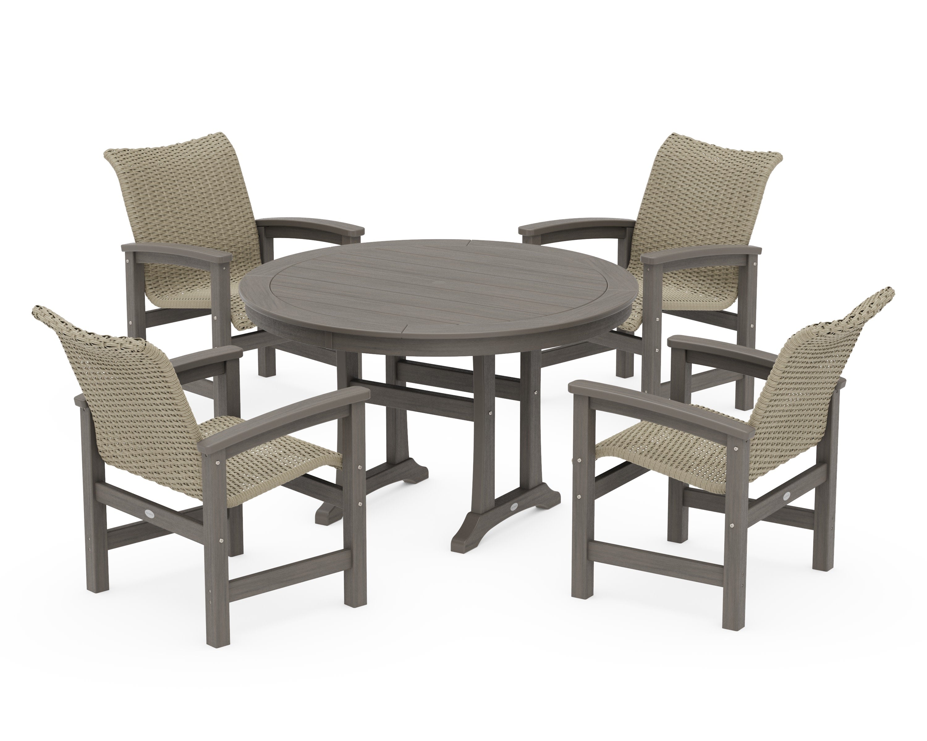 Coastal Woven 5-Piece Round Dining Set with Trestle Legs in Driftwood / Dune Grass