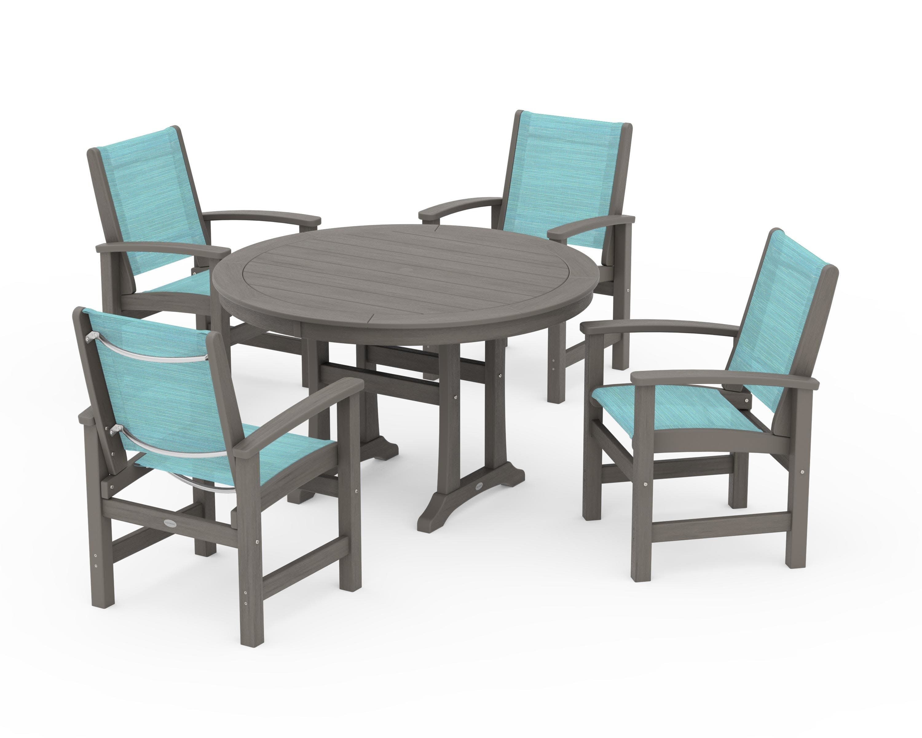 Coastal 5-Piece Round Dining Set with Trestle Legs in Driftwood / Dupioni Aquamarine Sling