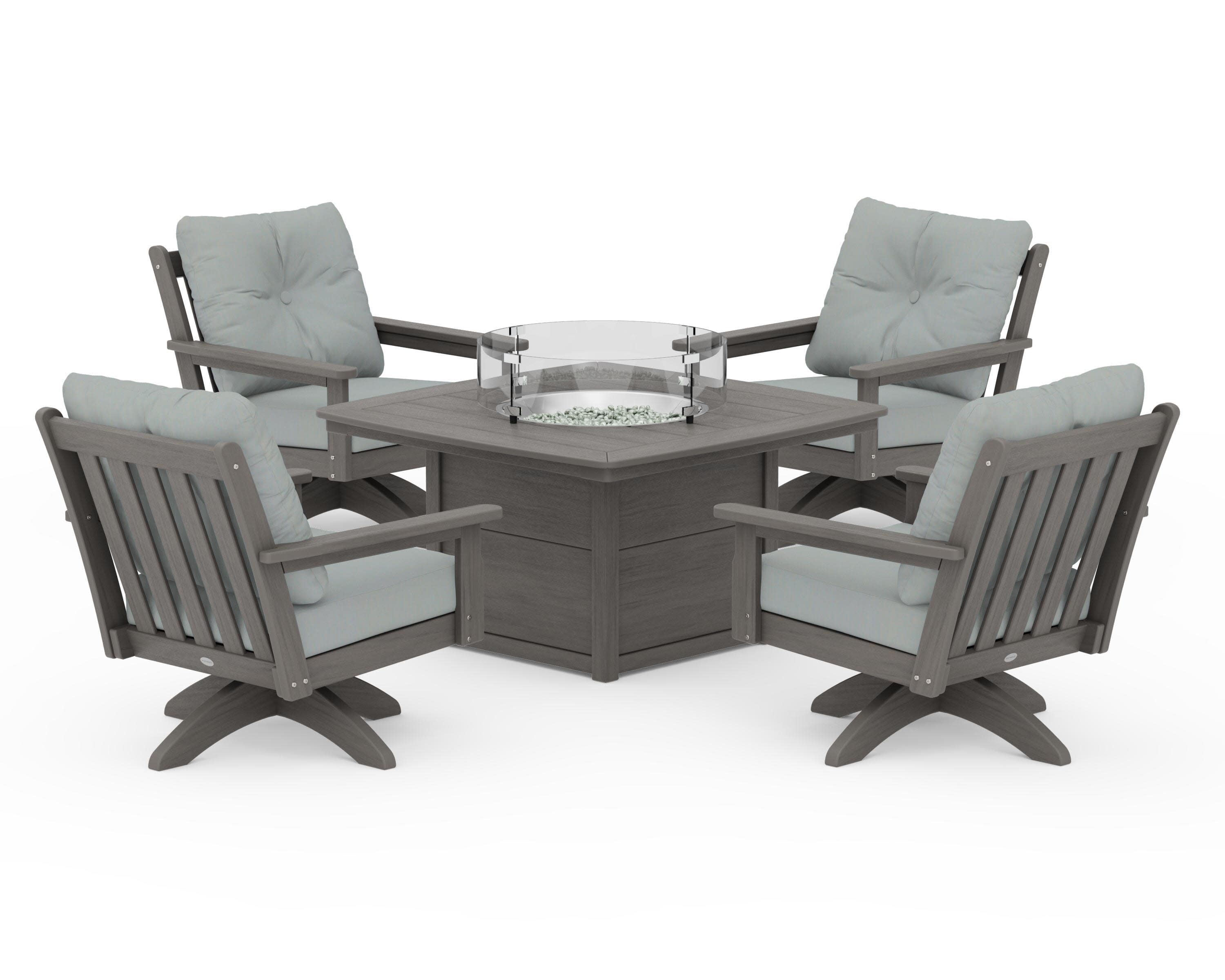 Vineyard 5-Piece Deep Seating Swivel Conversation Set with Fire Pit Table in Driftwood / Spa