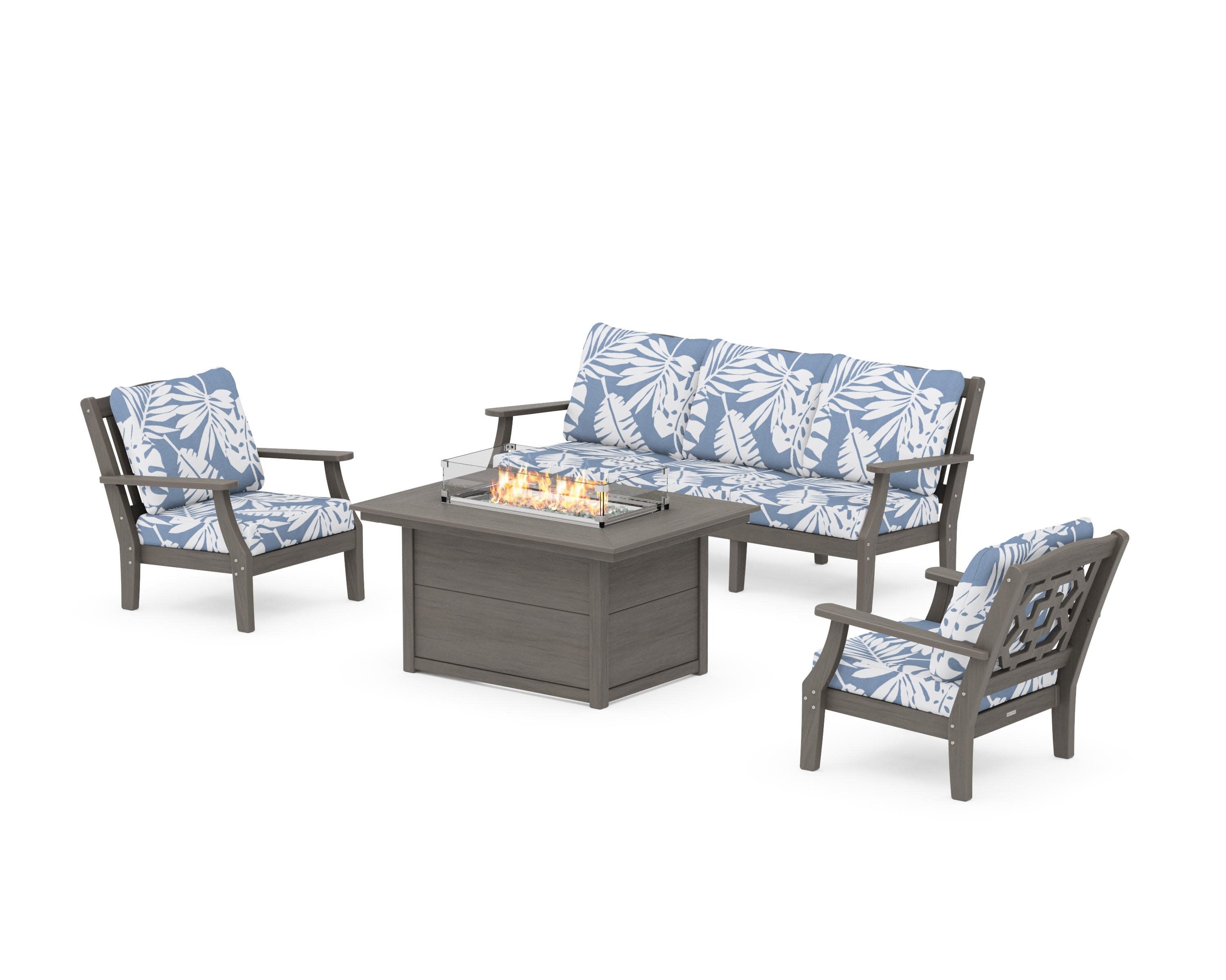 Chinoiserie Deep Seating Fire Pit Table Set in Driftwood / Leaf Sky Blue