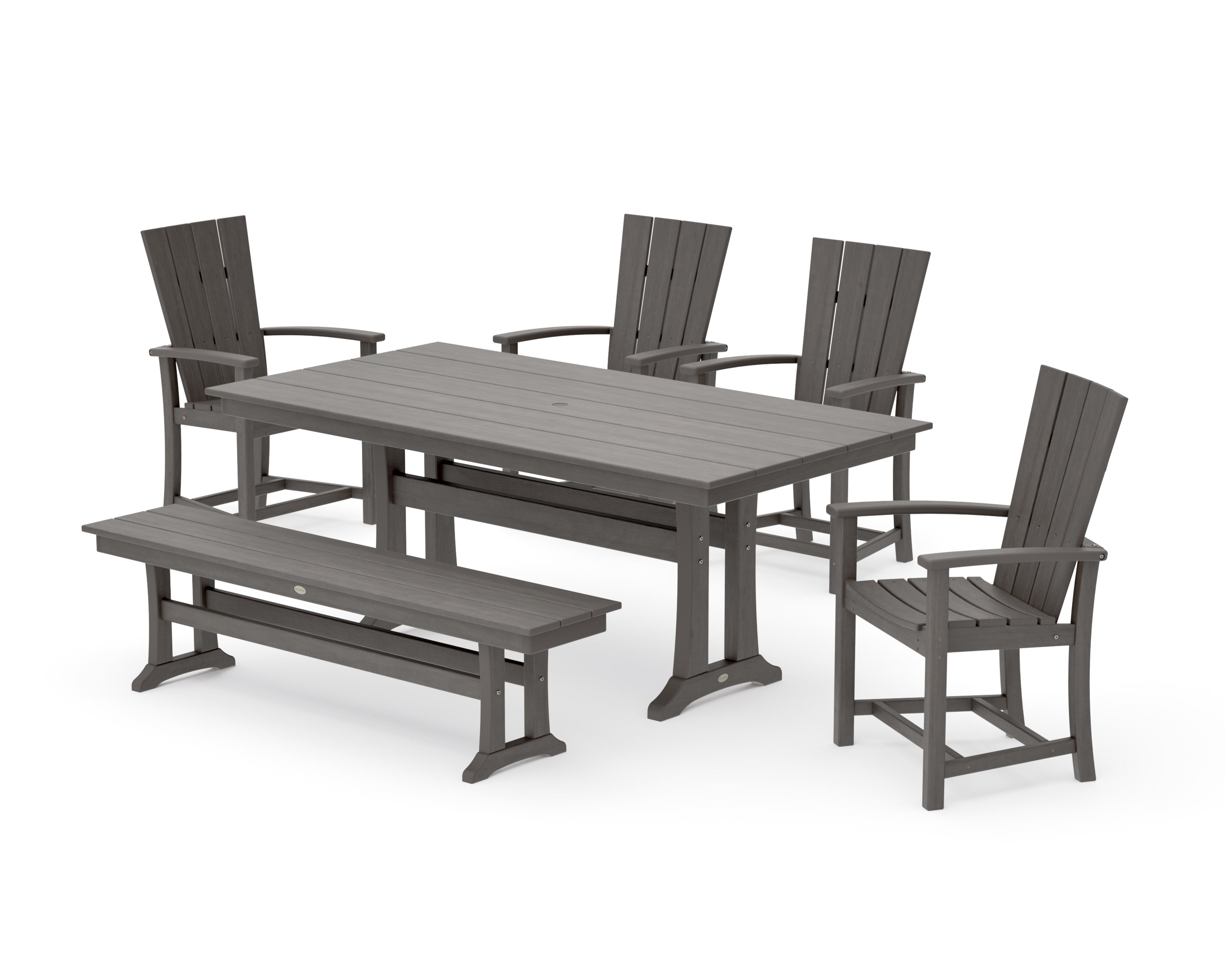 Quattro 6-Piece Farmhouse Dining Set with Trestle Legs and Bench in Driftwood
