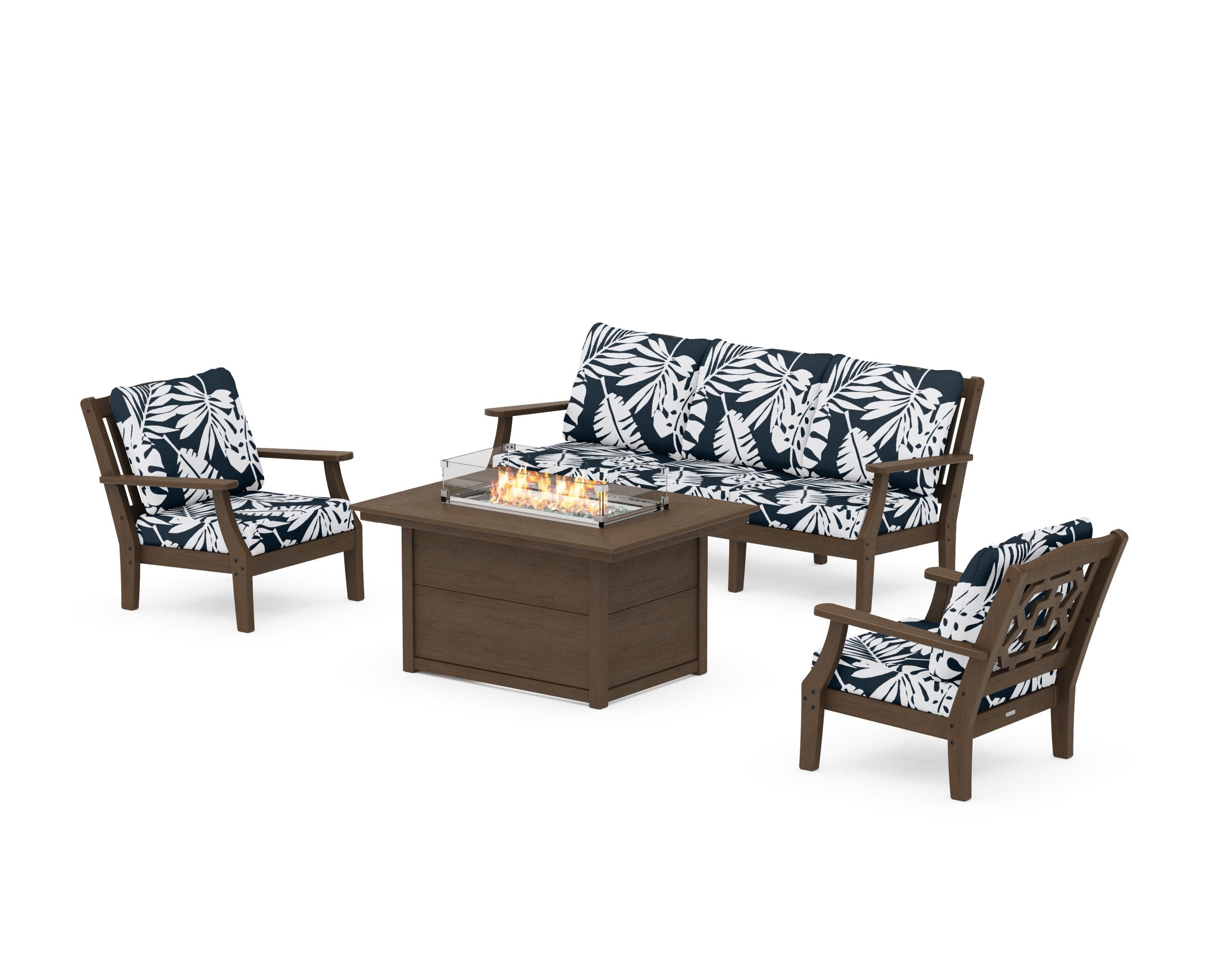 Chinoiserie Deep Seating Fire Pit Table Set in Kona / Leaf Marine Indigo
