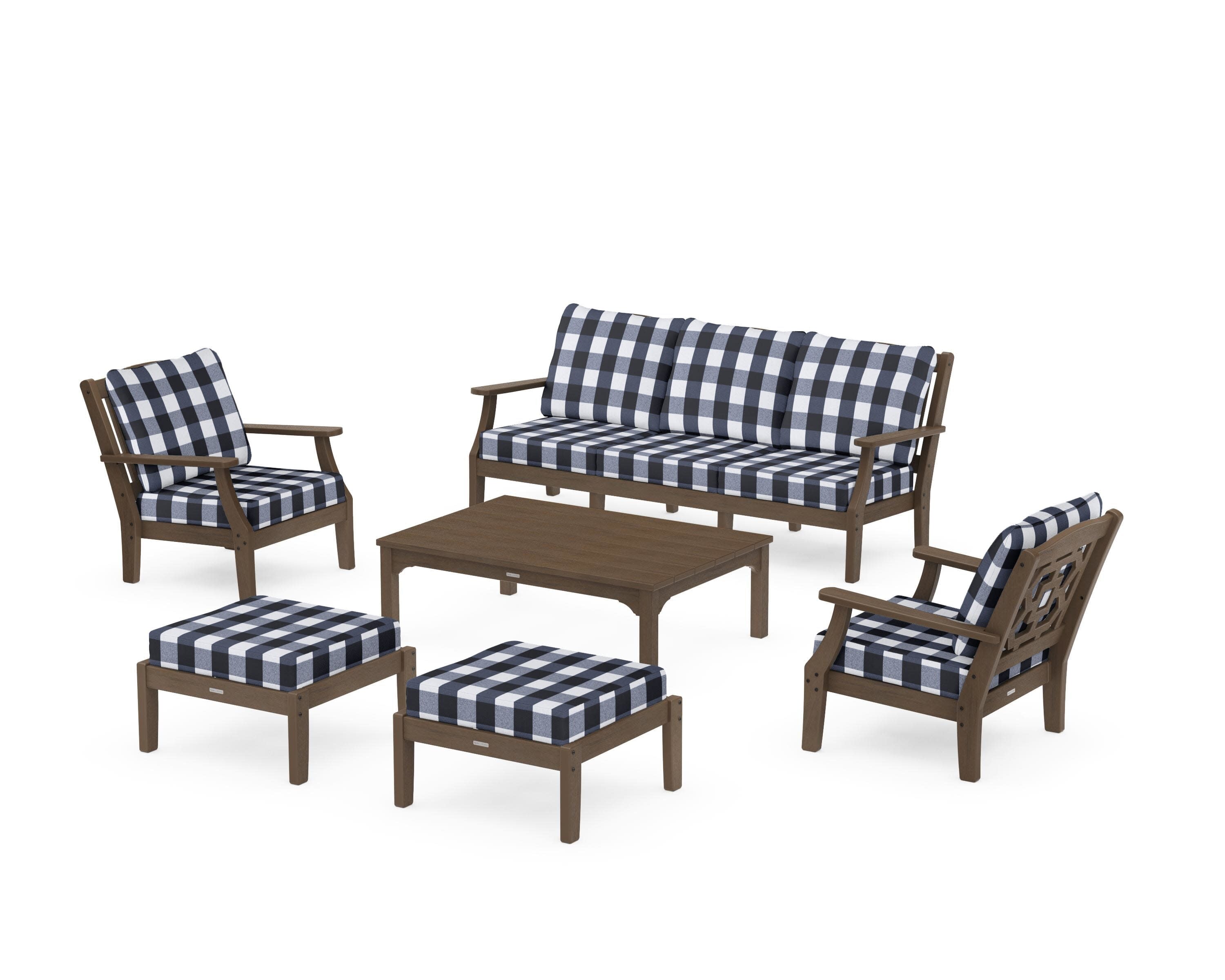 Chinoiserie 6-Piece Lounge Sofa Set in Kona / Buffalo Plaid Marine Indigo