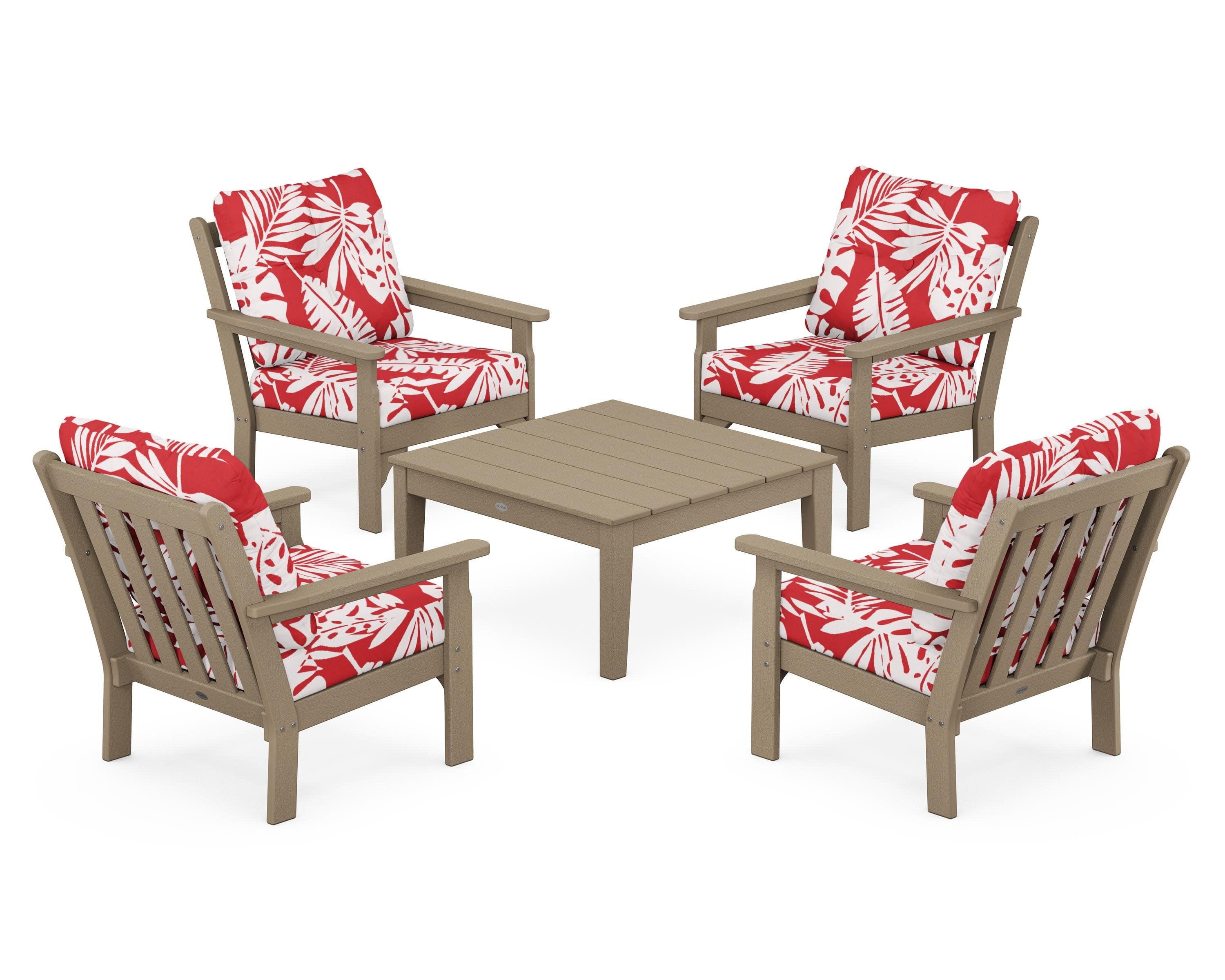Vineyard 5-Piece Deep Seating Conversation Set in Vintage Sahara / Leaf Crimson