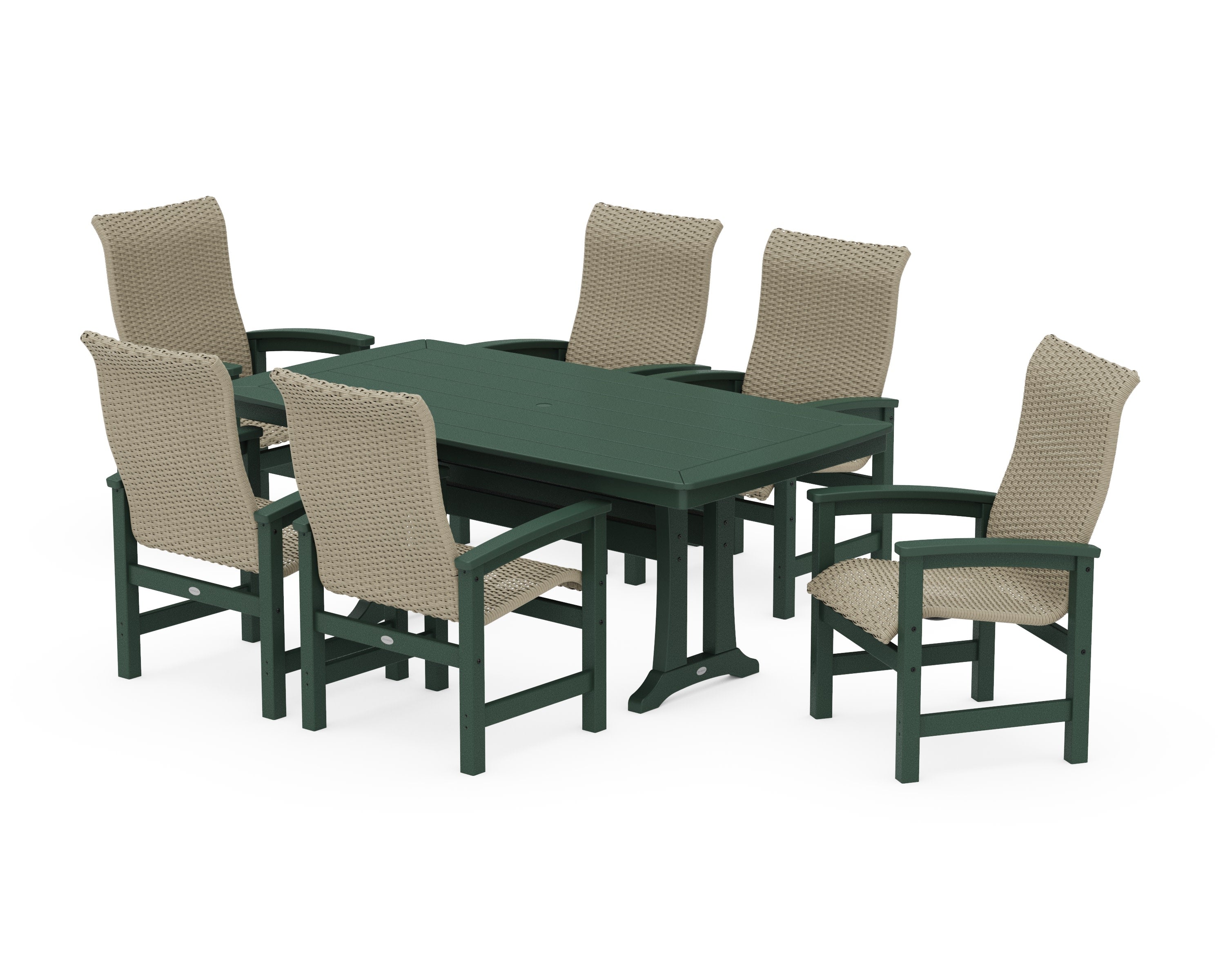 Coastal Woven High-Back Arm Chair 7-Piece Dining Set with Trestle Legs in Green / Dune Grass