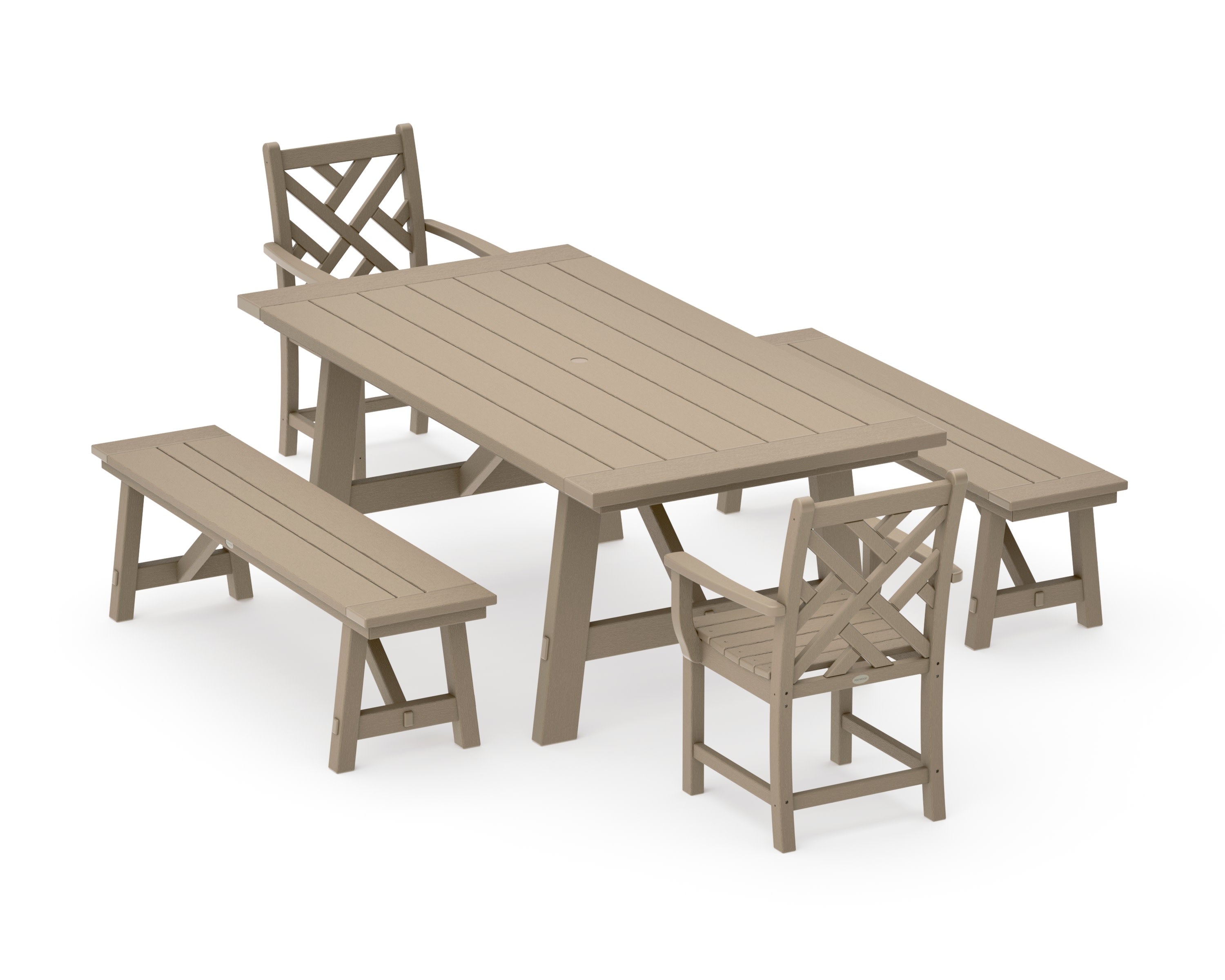 Chippendale 5-Piece Rustic Farmhouse Dining Set With Benches in Vintage Sahara