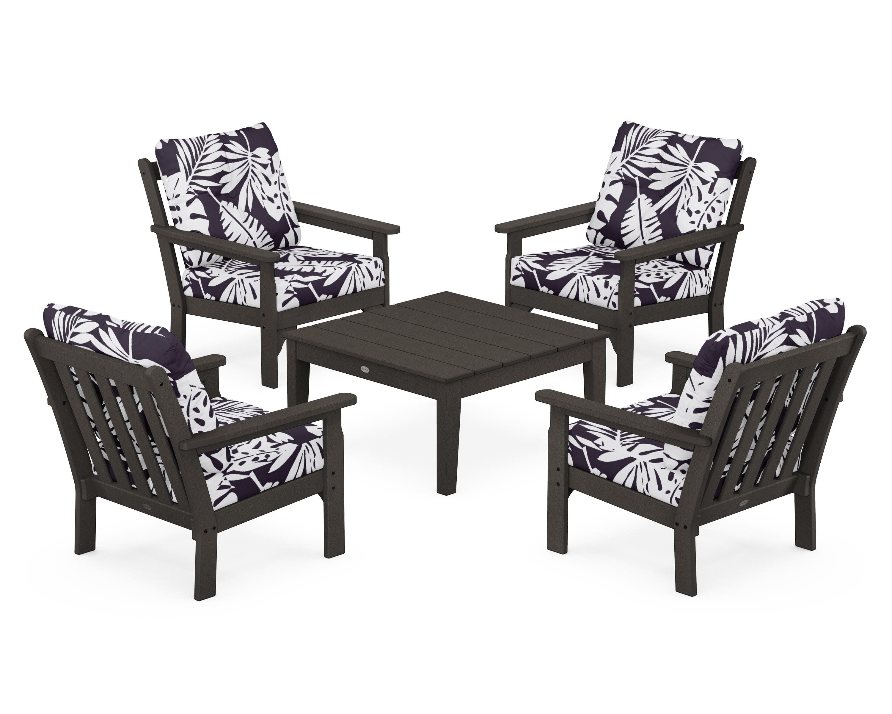 Vineyard 5-Piece Deep Seating Conversation Set in Vintage Coffee / Leaf Navy